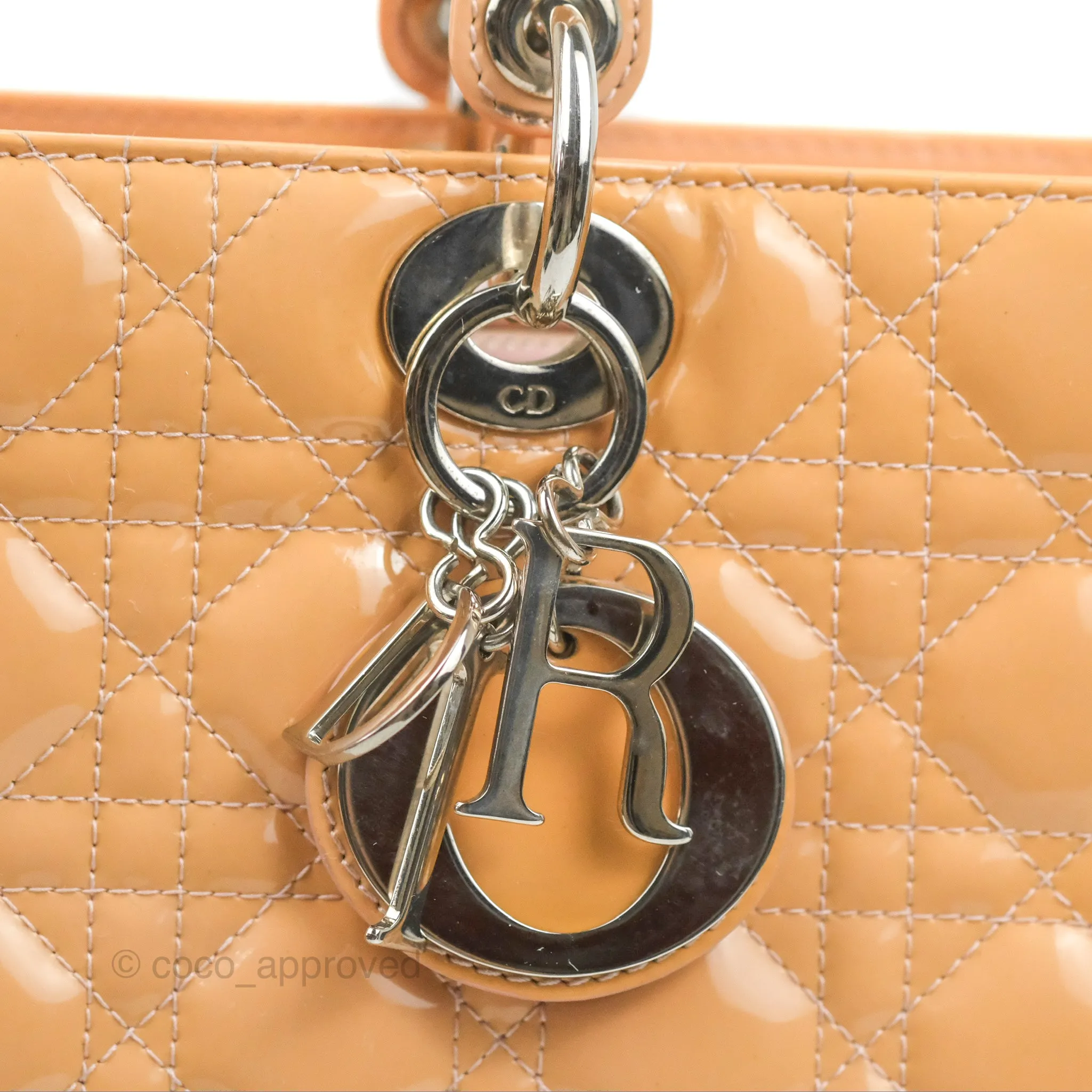 Christian Dior Large Lady Dior Cannage Orange Beige Patent Silver Hardware