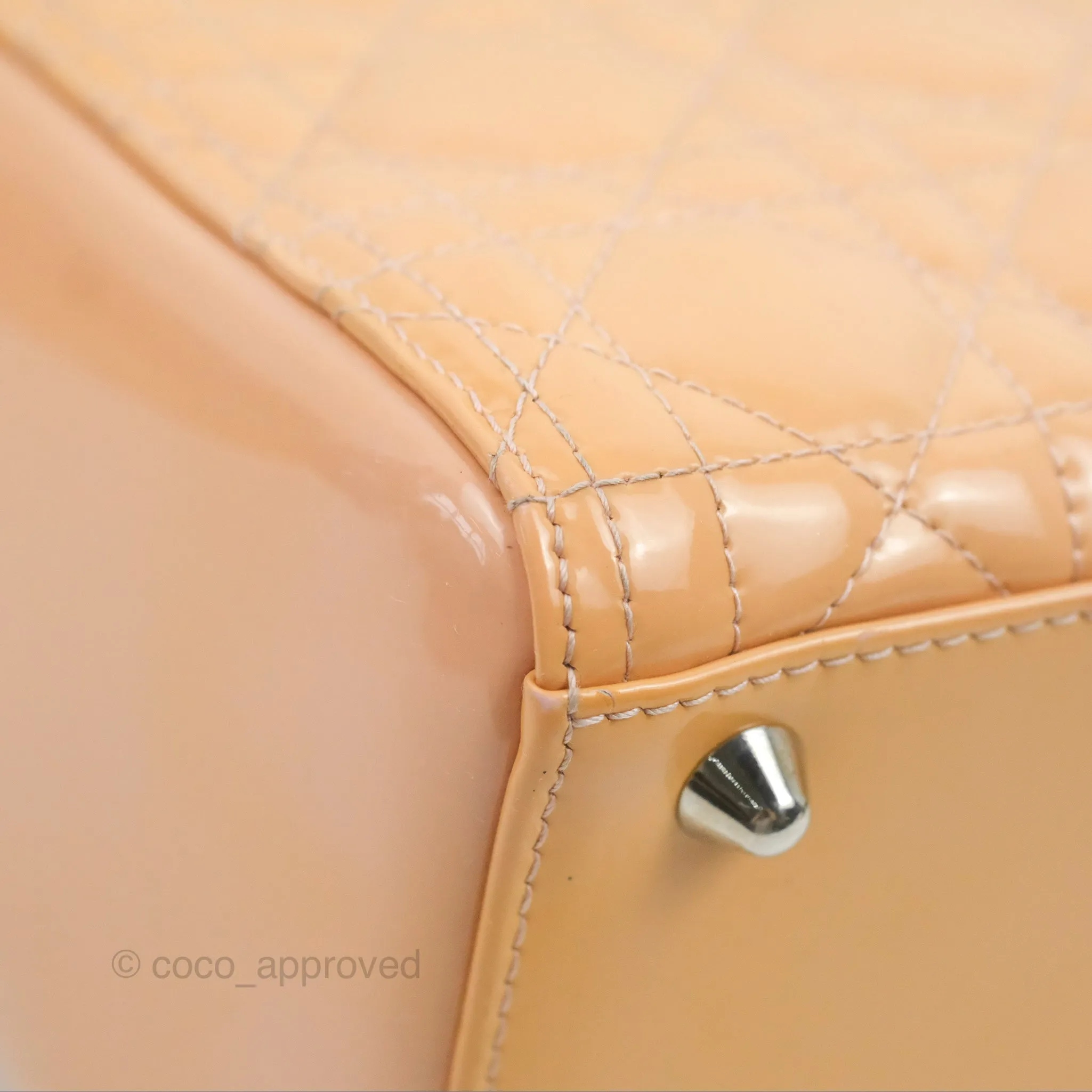 Christian Dior Large Lady Dior Cannage Orange Beige Patent Silver Hardware