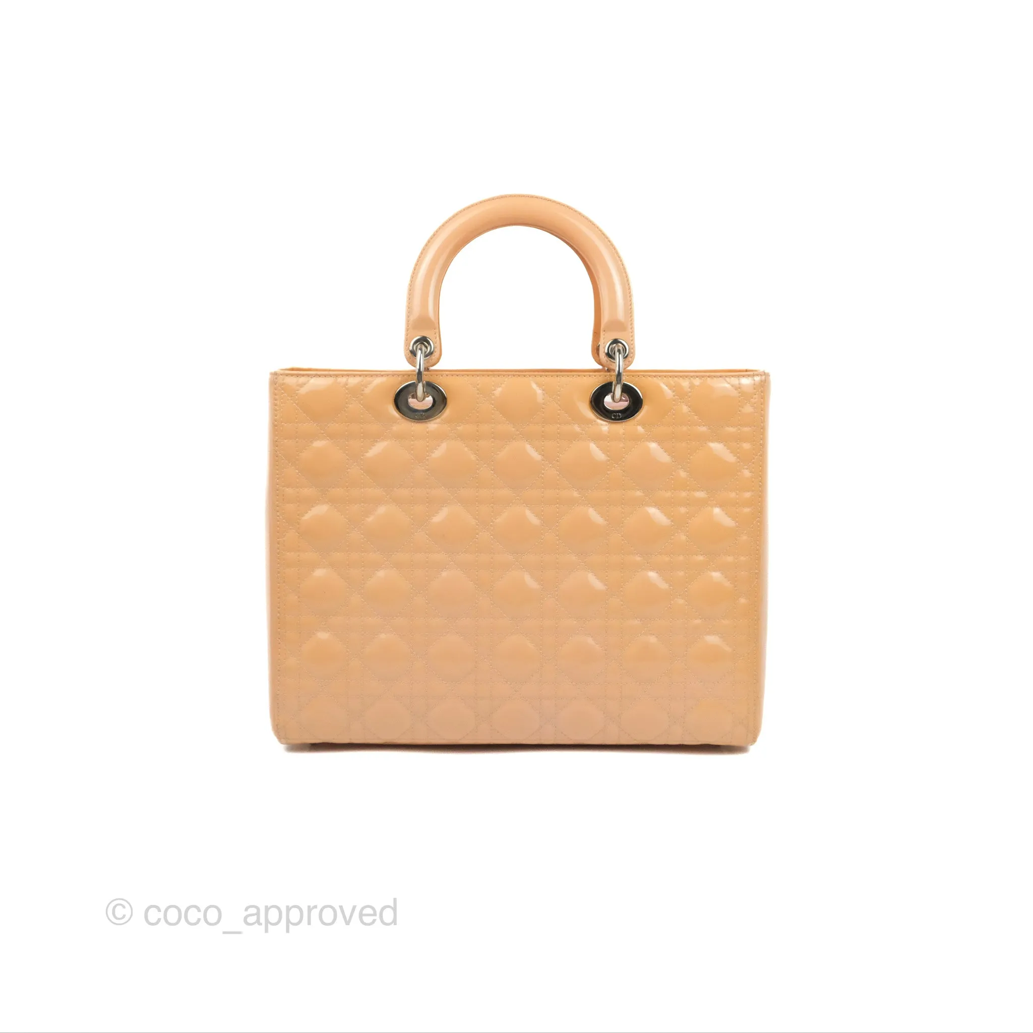 Christian Dior Large Lady Dior Cannage Orange Beige Patent Silver Hardware