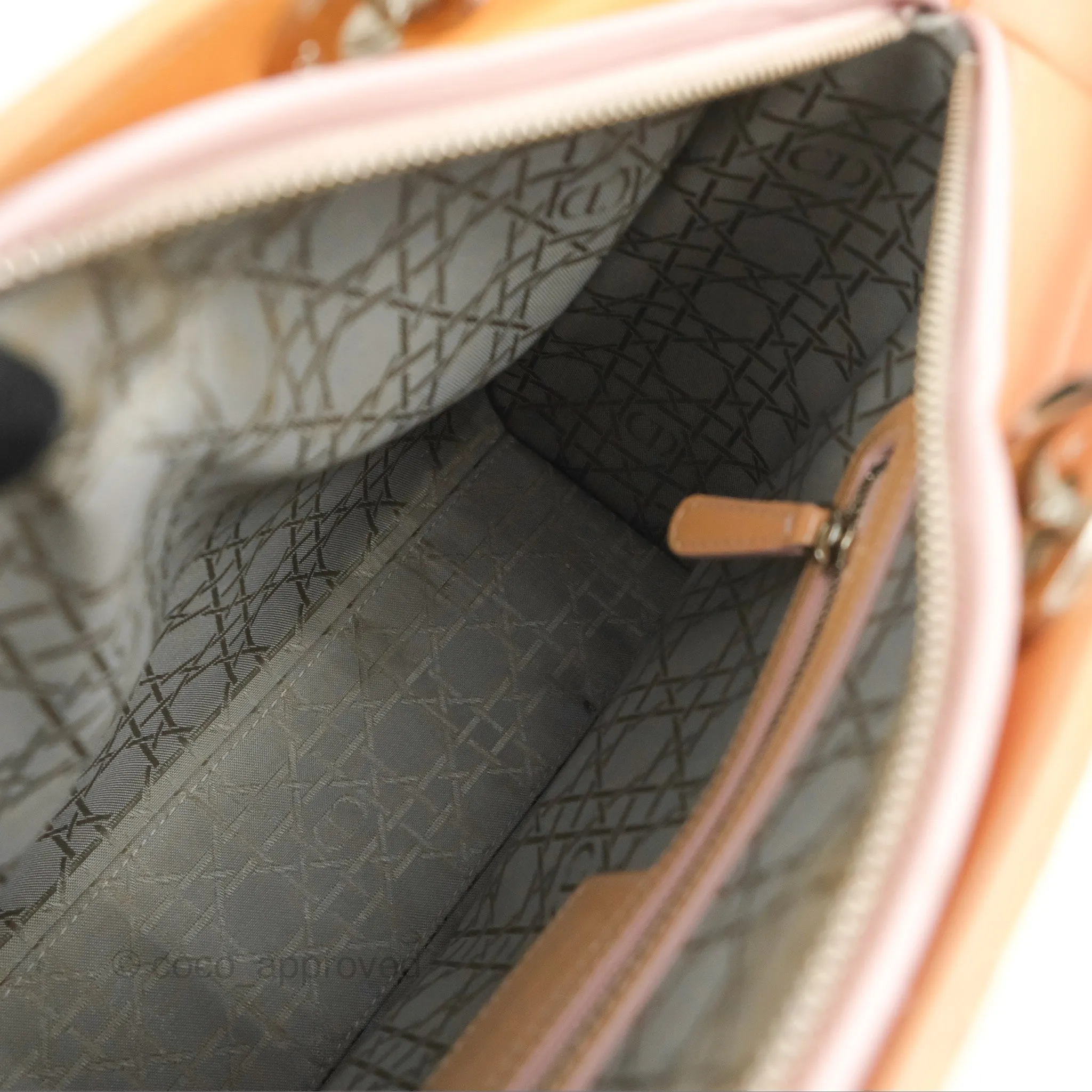 Christian Dior Large Lady Dior Cannage Orange Beige Patent Silver Hardware
