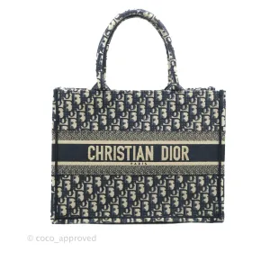 Christian Dior Medium Blue (Old Small) Dior Oblique Embroidery Canvas Book Tote