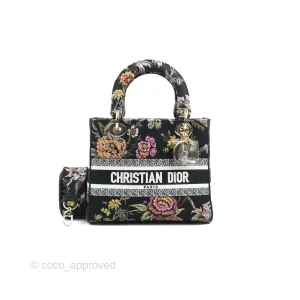Christian Dior Medium Lady D-Lite Bag Black Dior Jardin Botanique Embroidery