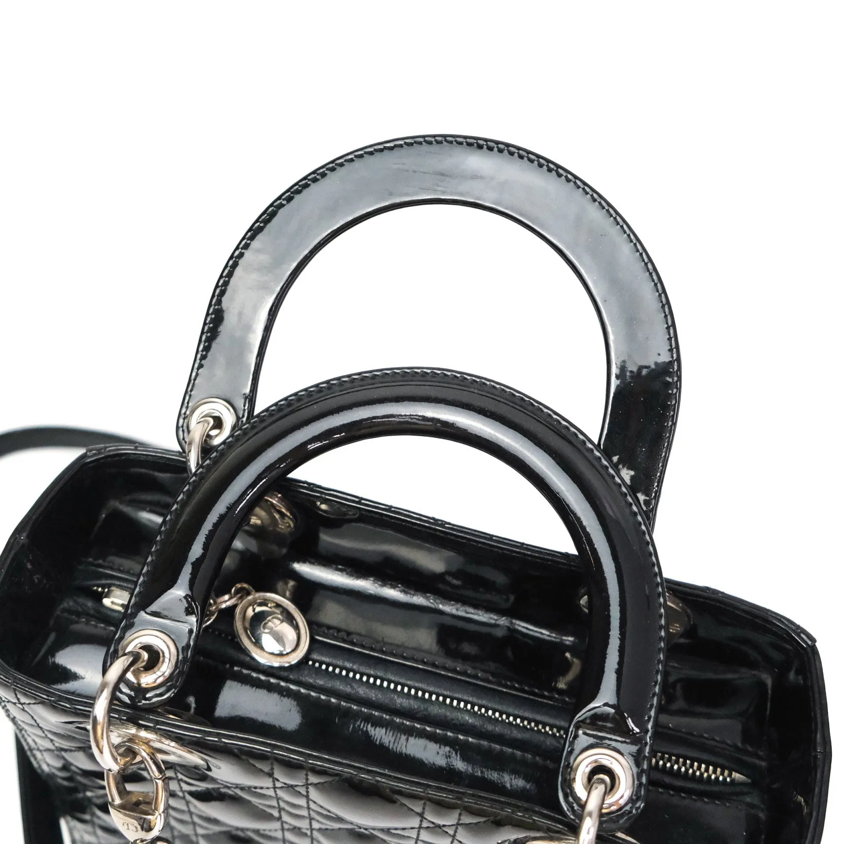 Christian Dior Medium Lady Dior Black Patent Silver Hardware