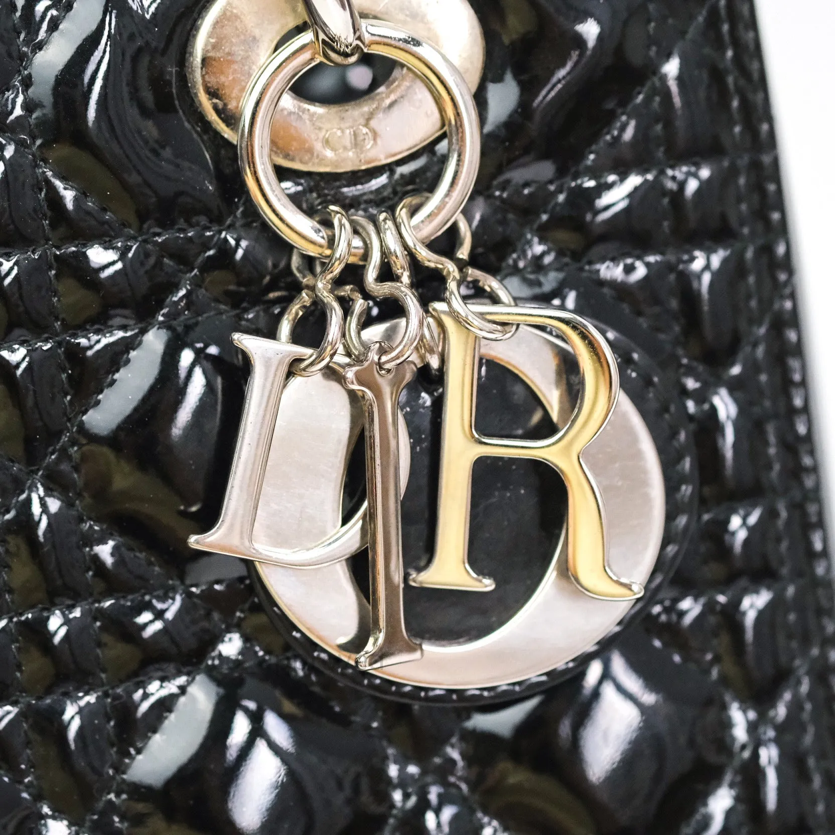 Christian Dior Medium Lady Dior Black Patent Silver Hardware