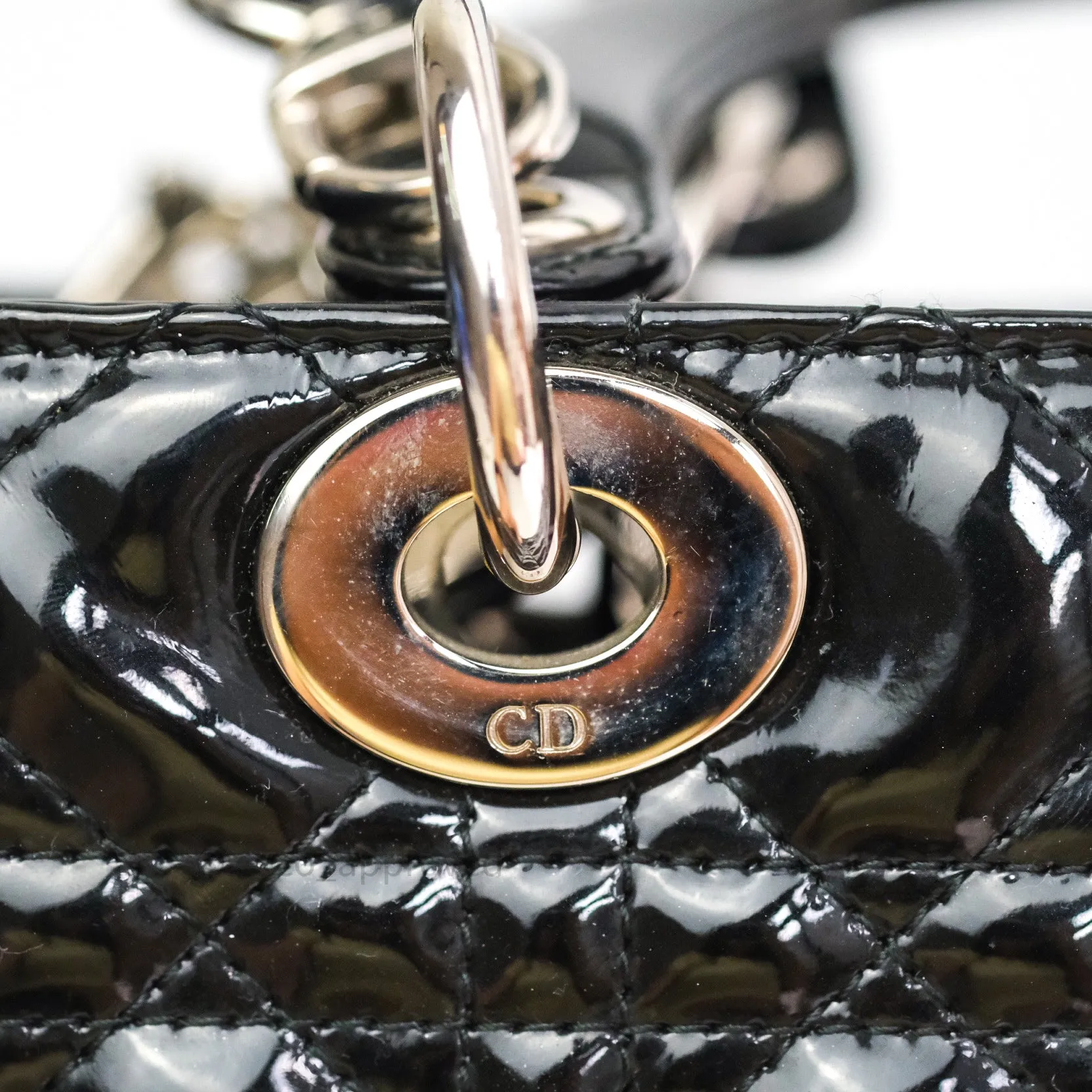 Christian Dior Medium Lady Dior Black Patent Silver Hardware