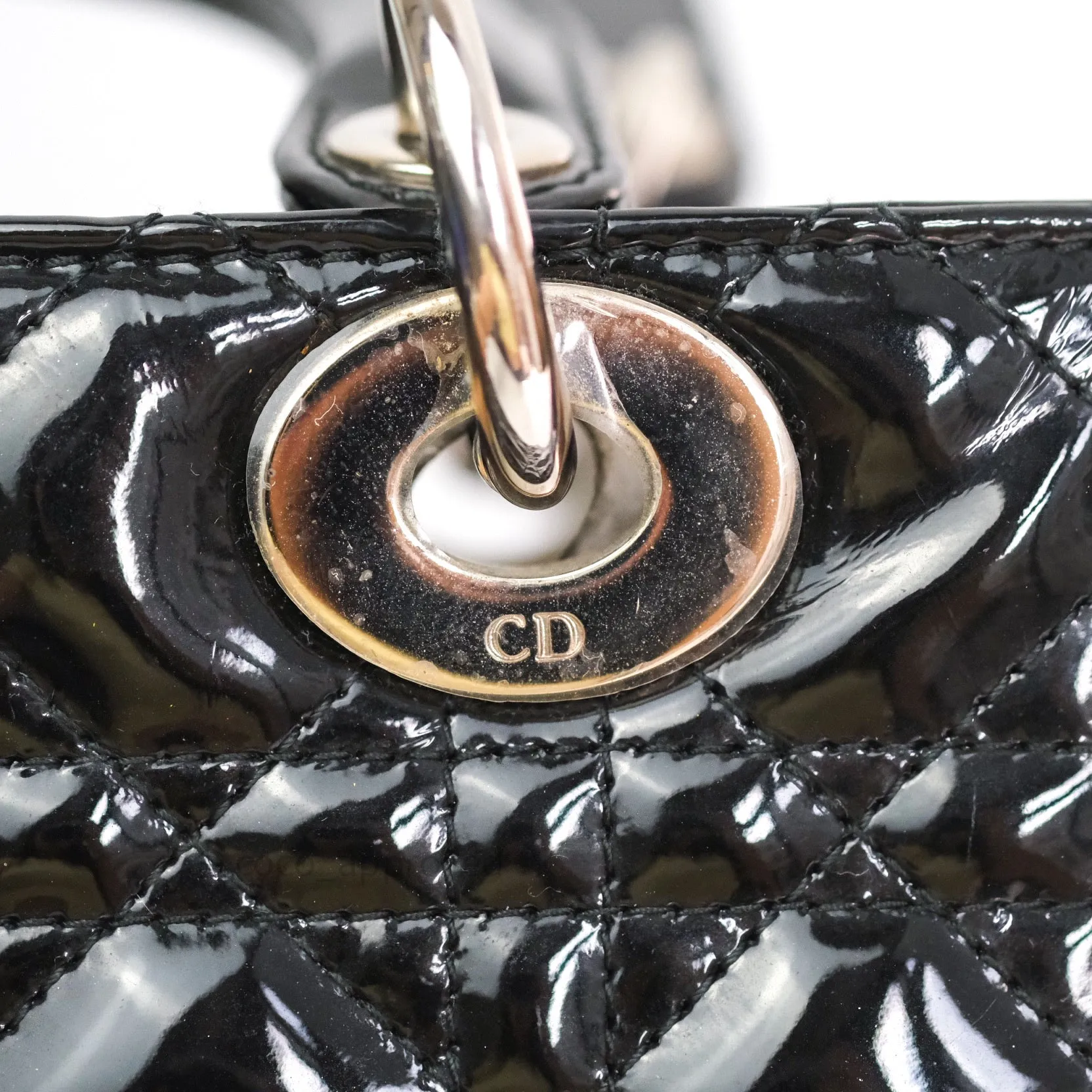Christian Dior Medium Lady Dior Black Patent Silver Hardware