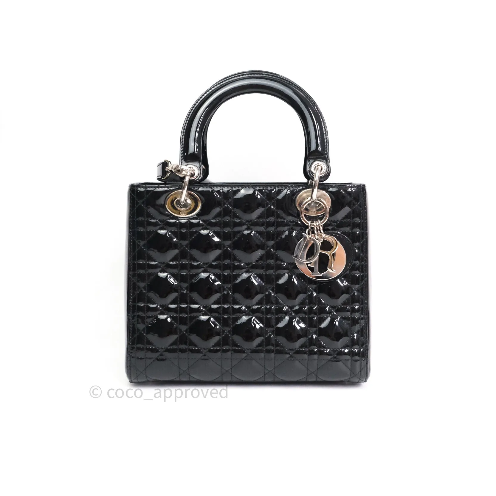 Christian Dior Medium Lady Dior Black Patent Silver Hardware
