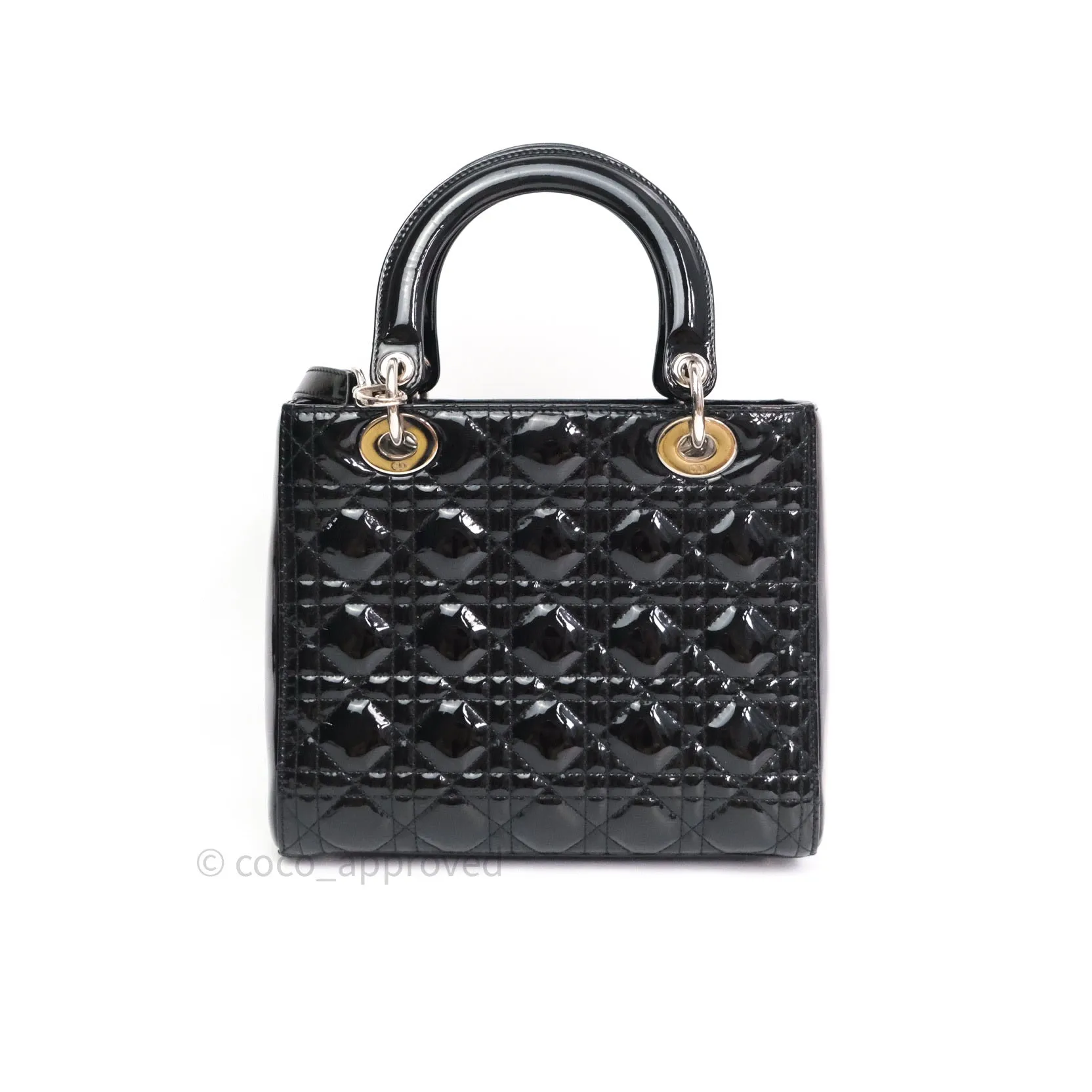 Christian Dior Medium Lady Dior Black Patent Silver Hardware