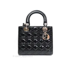Christian Dior Medium Lady Dior Black Patent Silver Hardware