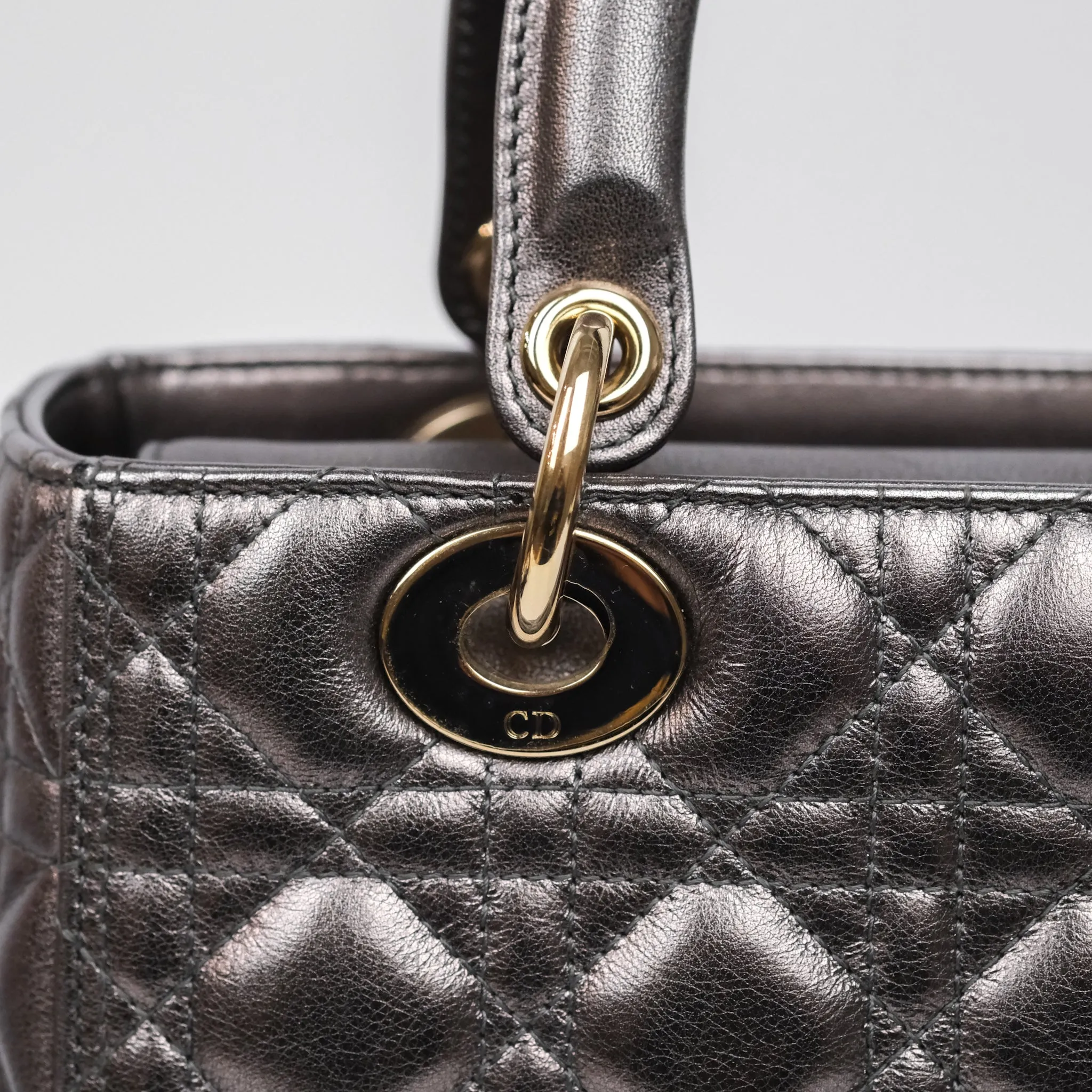 Christian Dior Medium Lady Dior Metallic Dark Grey Lambskin Gold Hardware