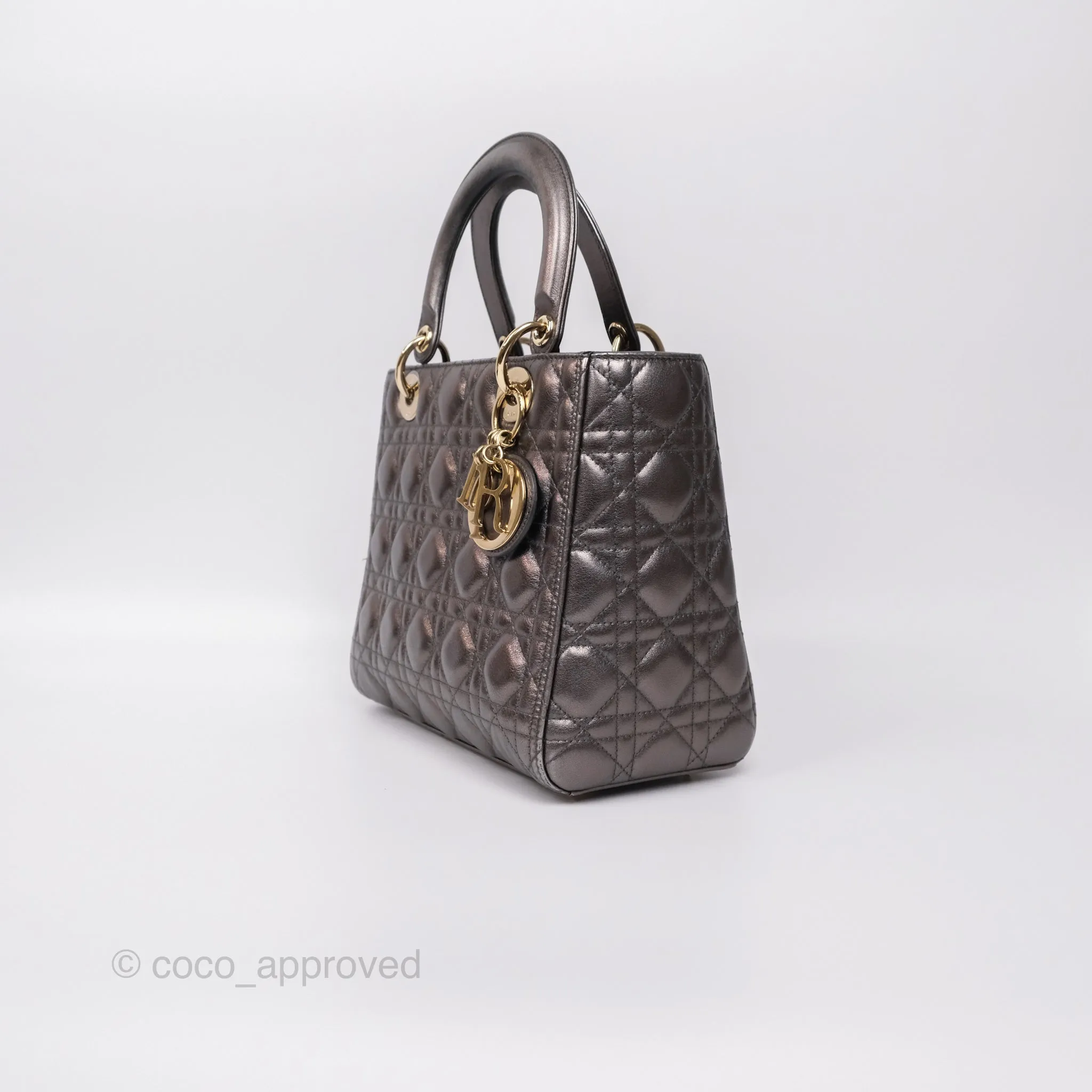 Christian Dior Medium Lady Dior Metallic Dark Grey Lambskin Gold Hardware