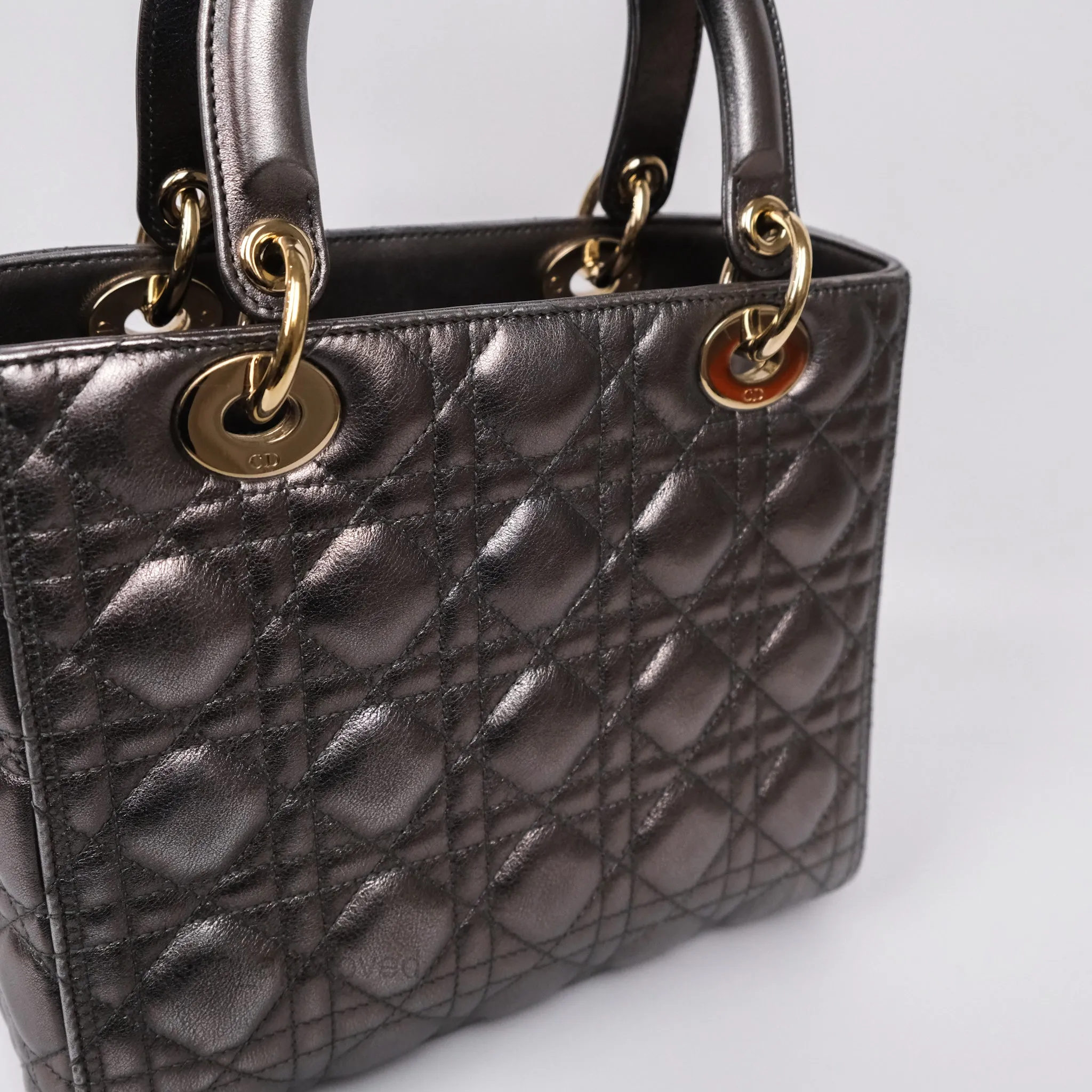 Christian Dior Medium Lady Dior Metallic Dark Grey Lambskin Gold Hardware