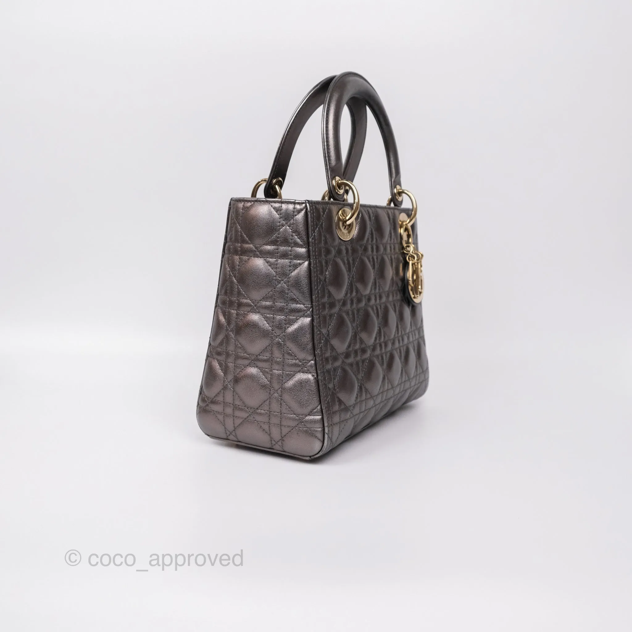 Christian Dior Medium Lady Dior Metallic Dark Grey Lambskin Gold Hardware