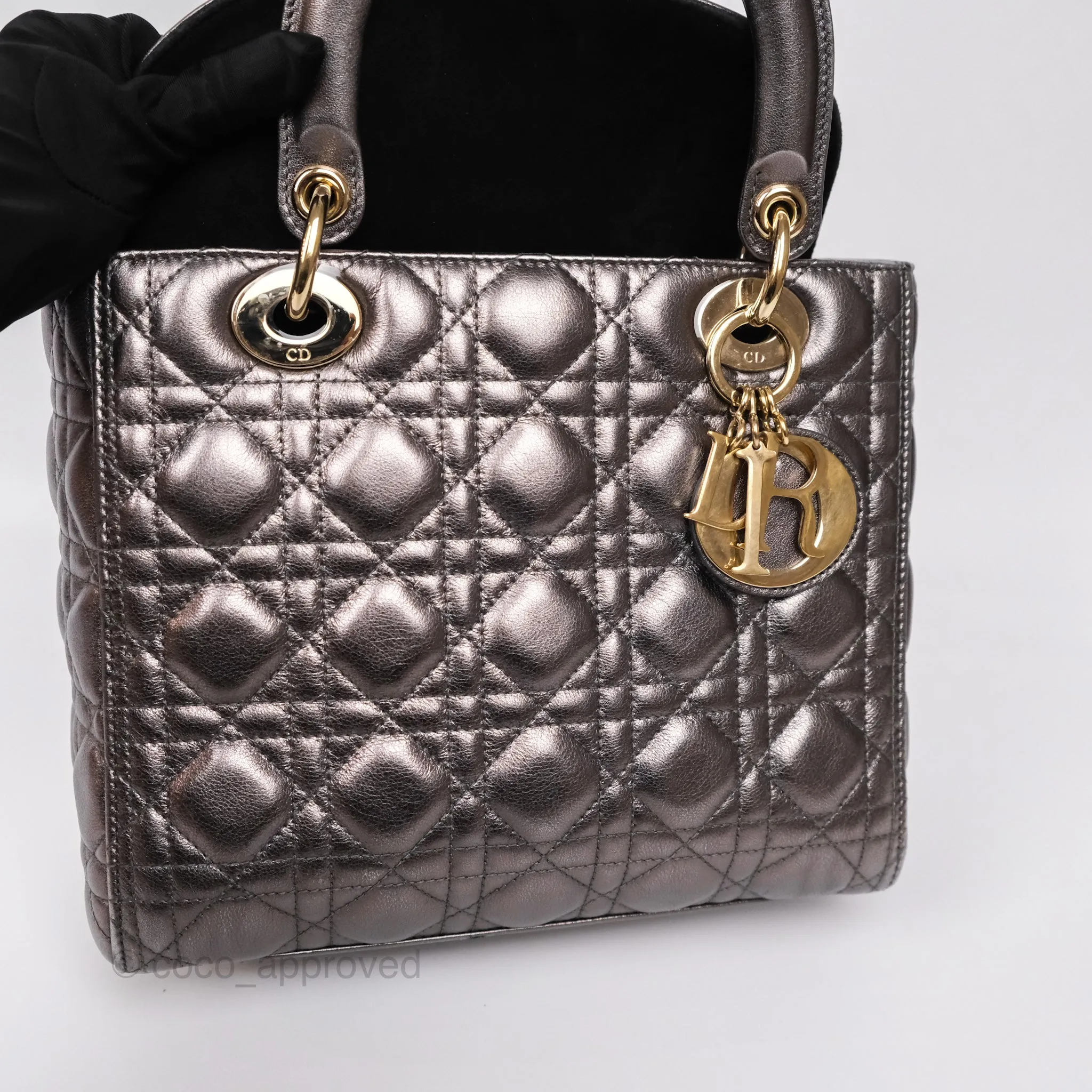 Christian Dior Medium Lady Dior Metallic Dark Grey Lambskin Gold Hardware