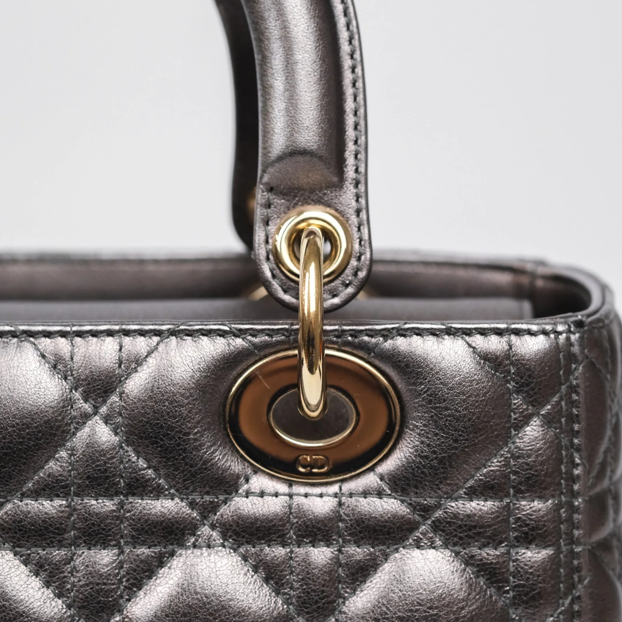 Christian Dior Medium Lady Dior Metallic Dark Grey Lambskin Gold Hardware