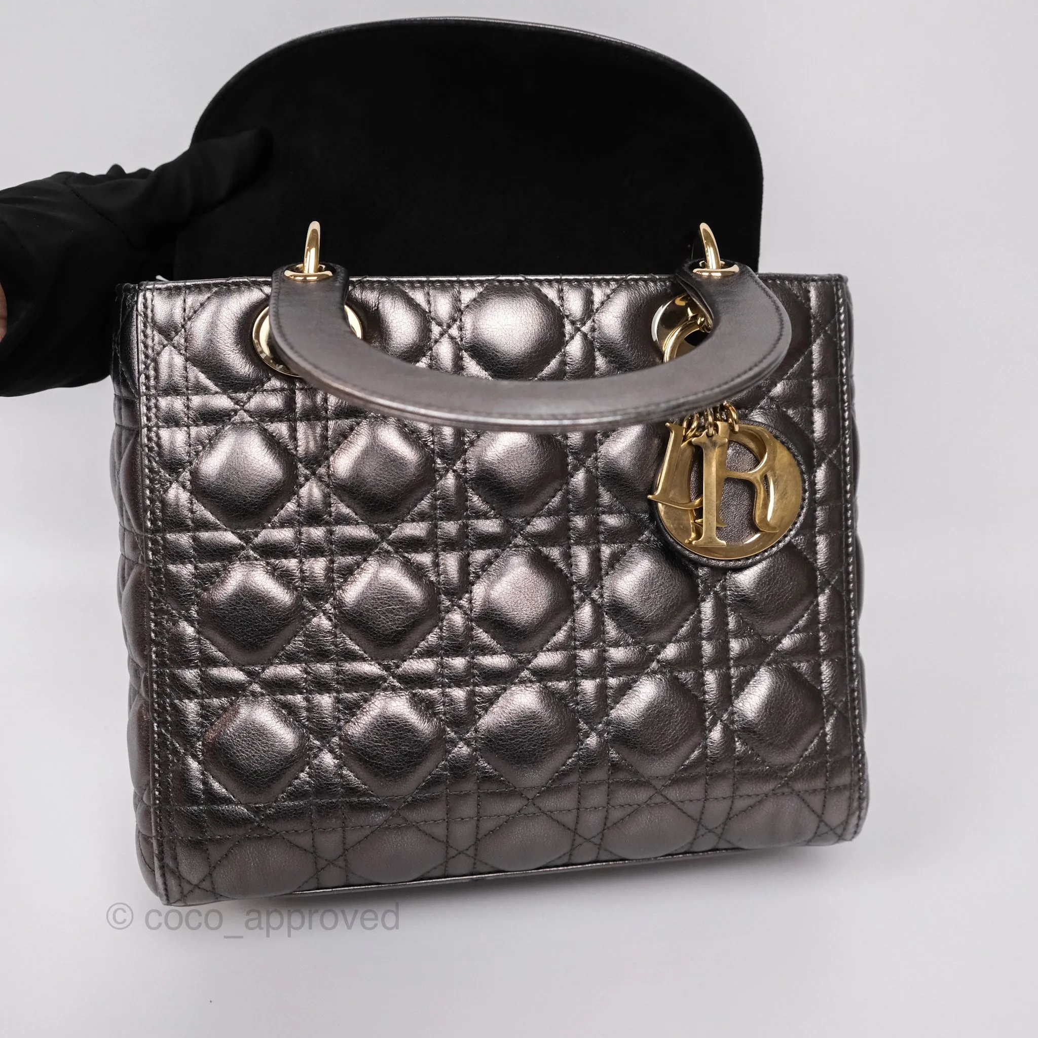 Christian Dior Medium Lady Dior Metallic Dark Grey Lambskin Gold Hardware