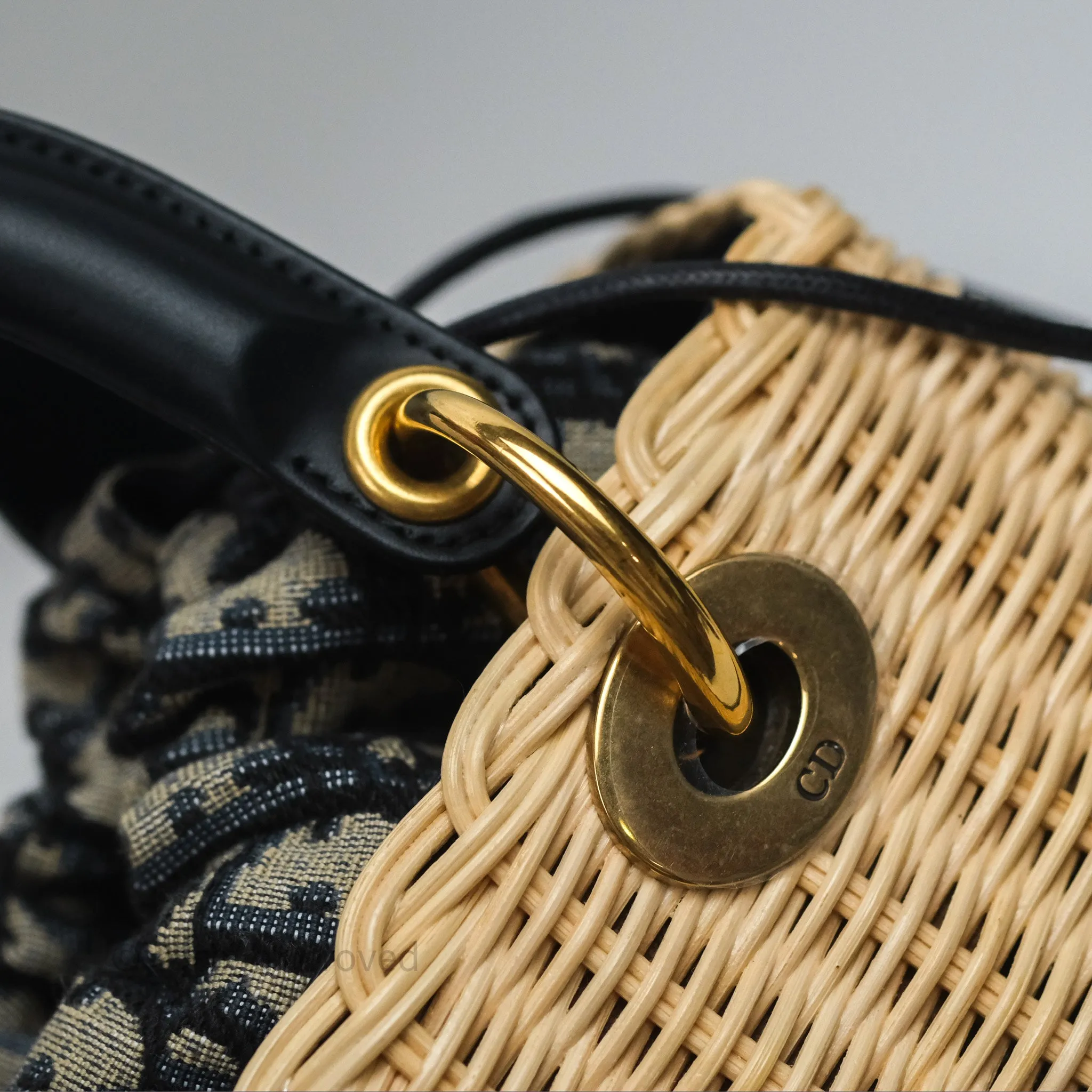 Christian Dior Medium Lady Dior Natural Rattan and Blue Dior Oblique Jacquard