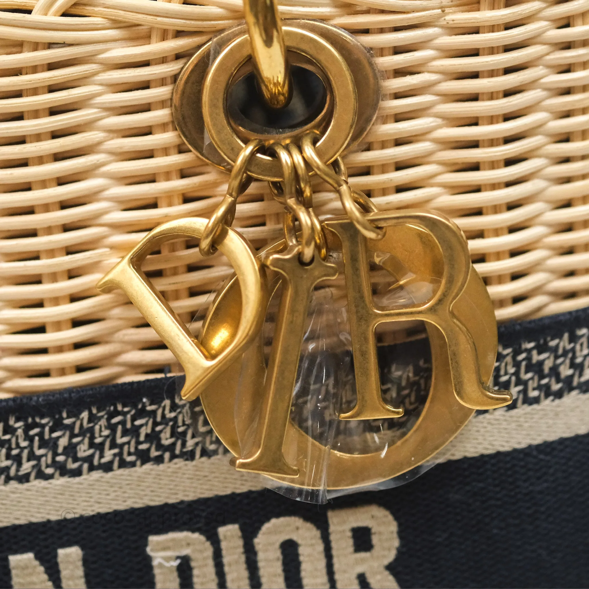 Christian Dior Medium Lady Dior Natural Rattan and Blue Dior Oblique Jacquard