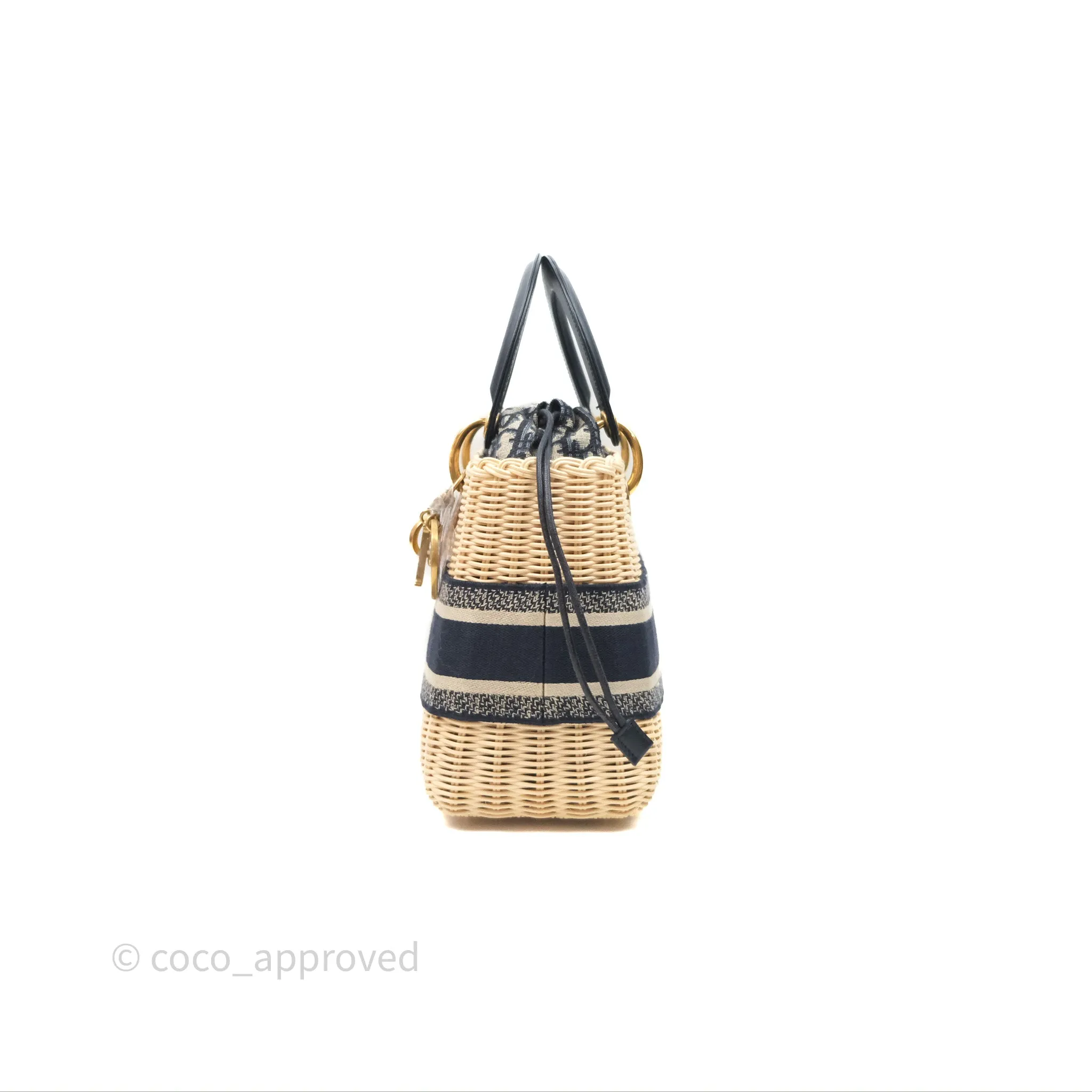 Christian Dior Medium Lady Dior Natural Rattan and Blue Dior Oblique Jacquard