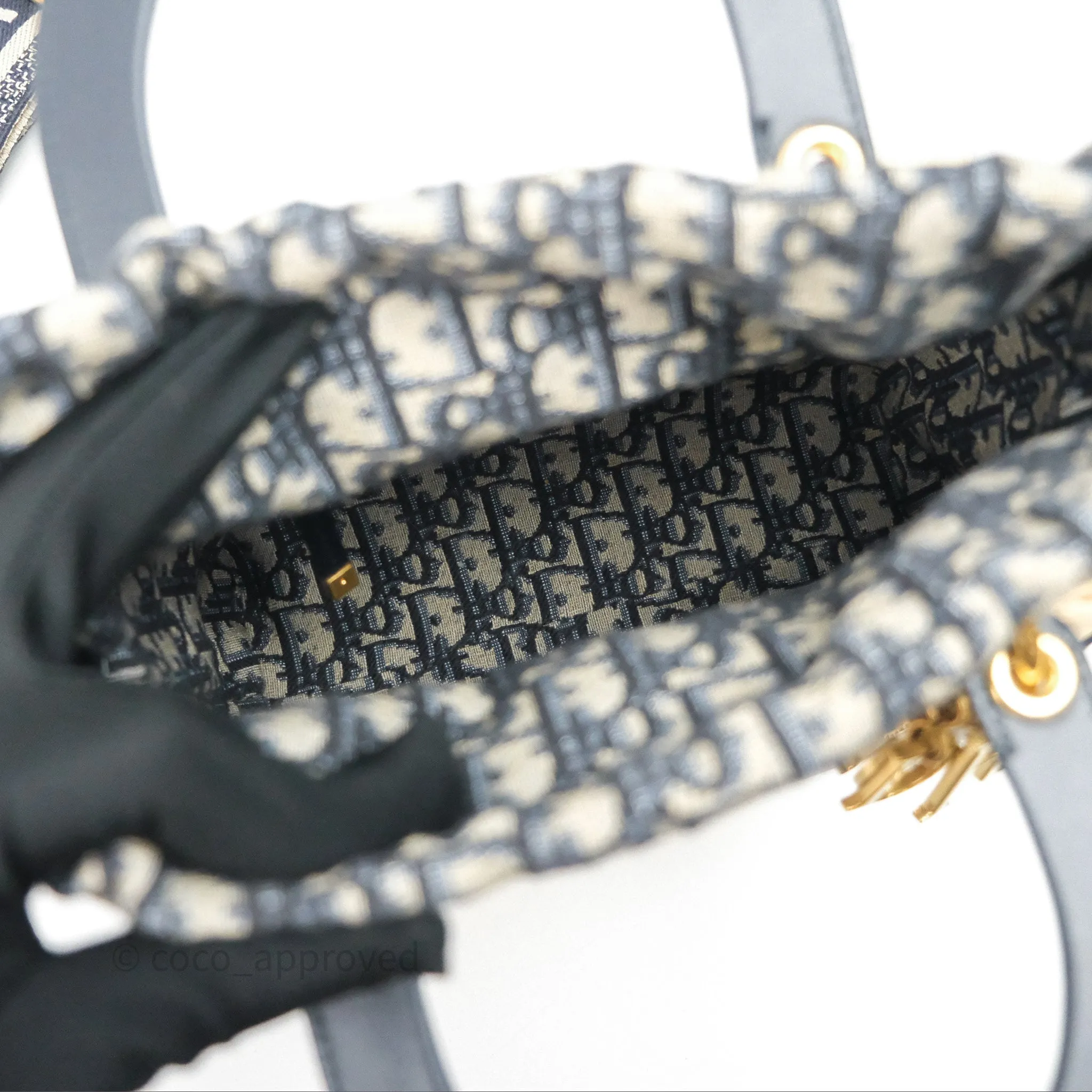 Christian Dior Medium Lady Dior Natural Rattan and Blue Dior Oblique Jacquard