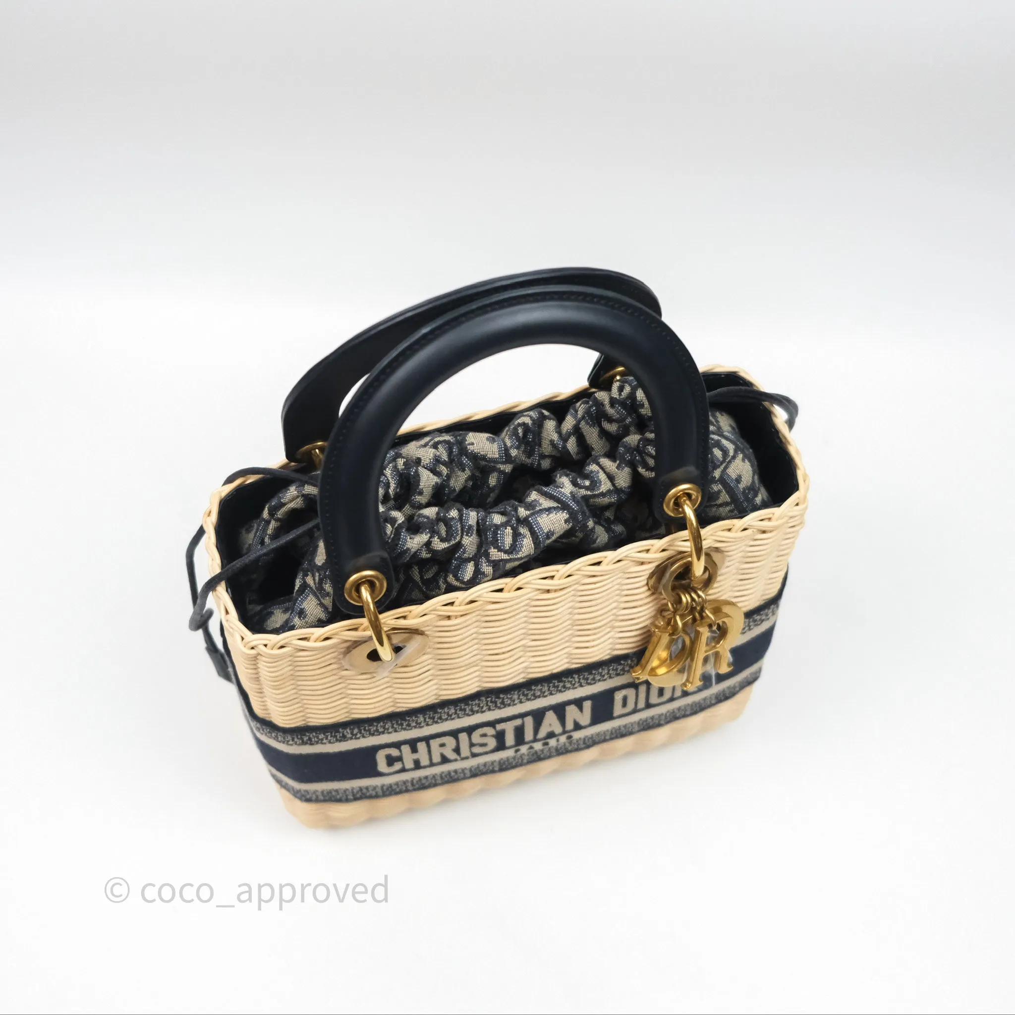 Christian Dior Medium Lady Dior Natural Rattan and Blue Dior Oblique Jacquard