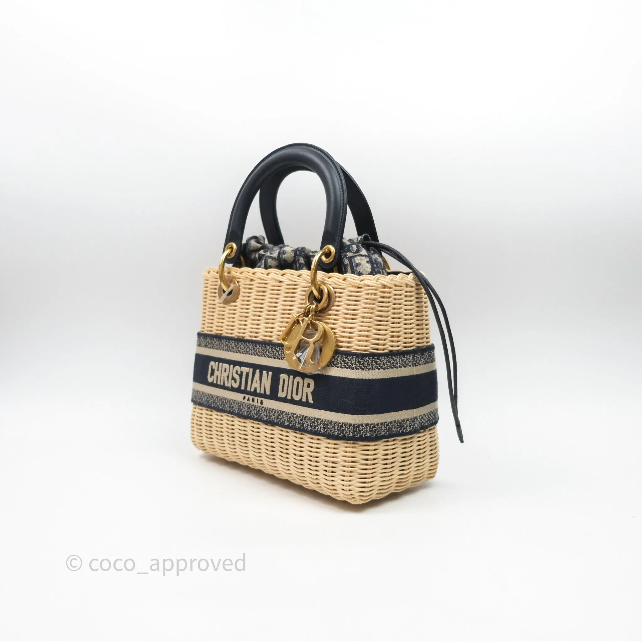 Christian Dior Medium Lady Dior Natural Rattan and Blue Dior Oblique Jacquard