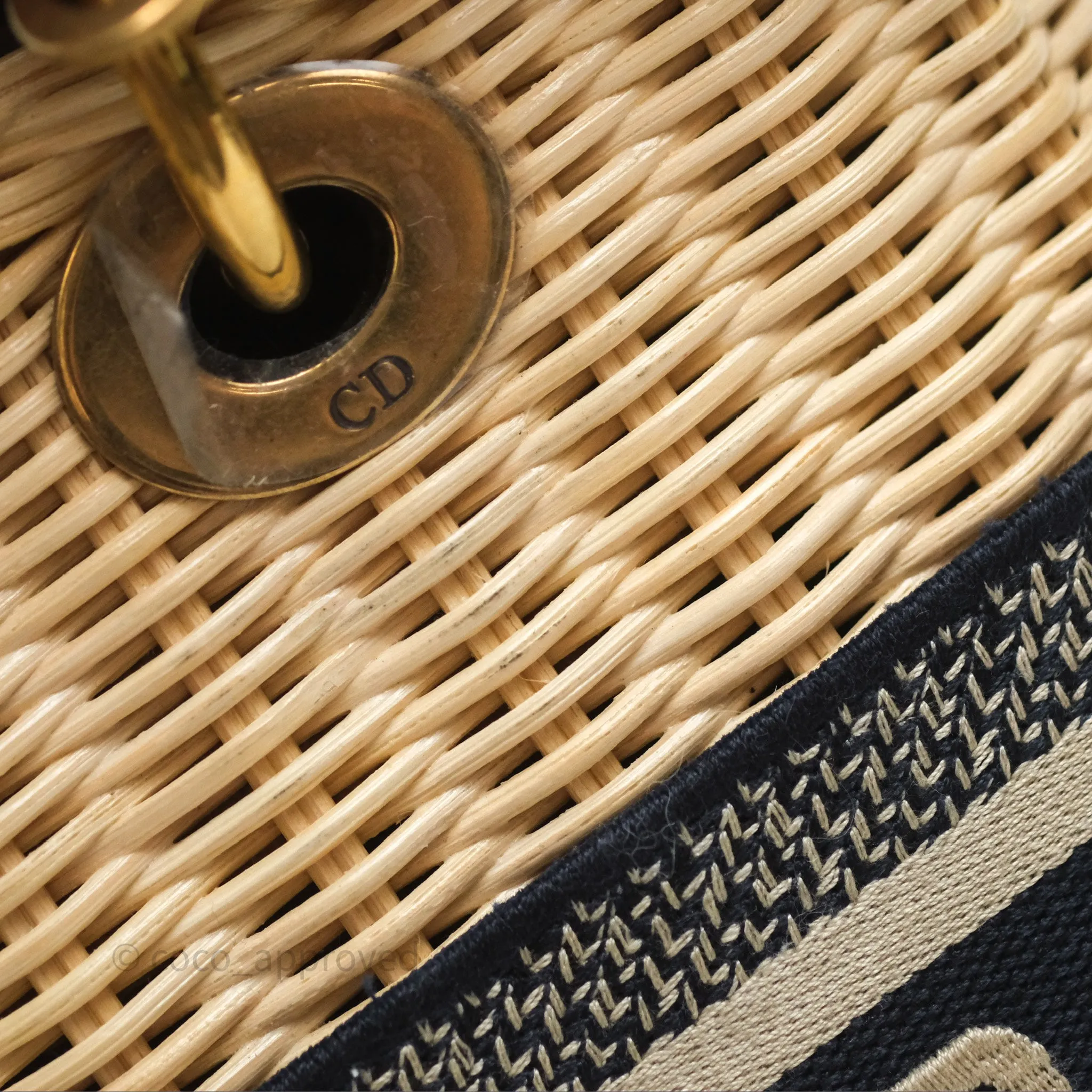 Christian Dior Medium Lady Dior Natural Rattan and Blue Dior Oblique Jacquard
