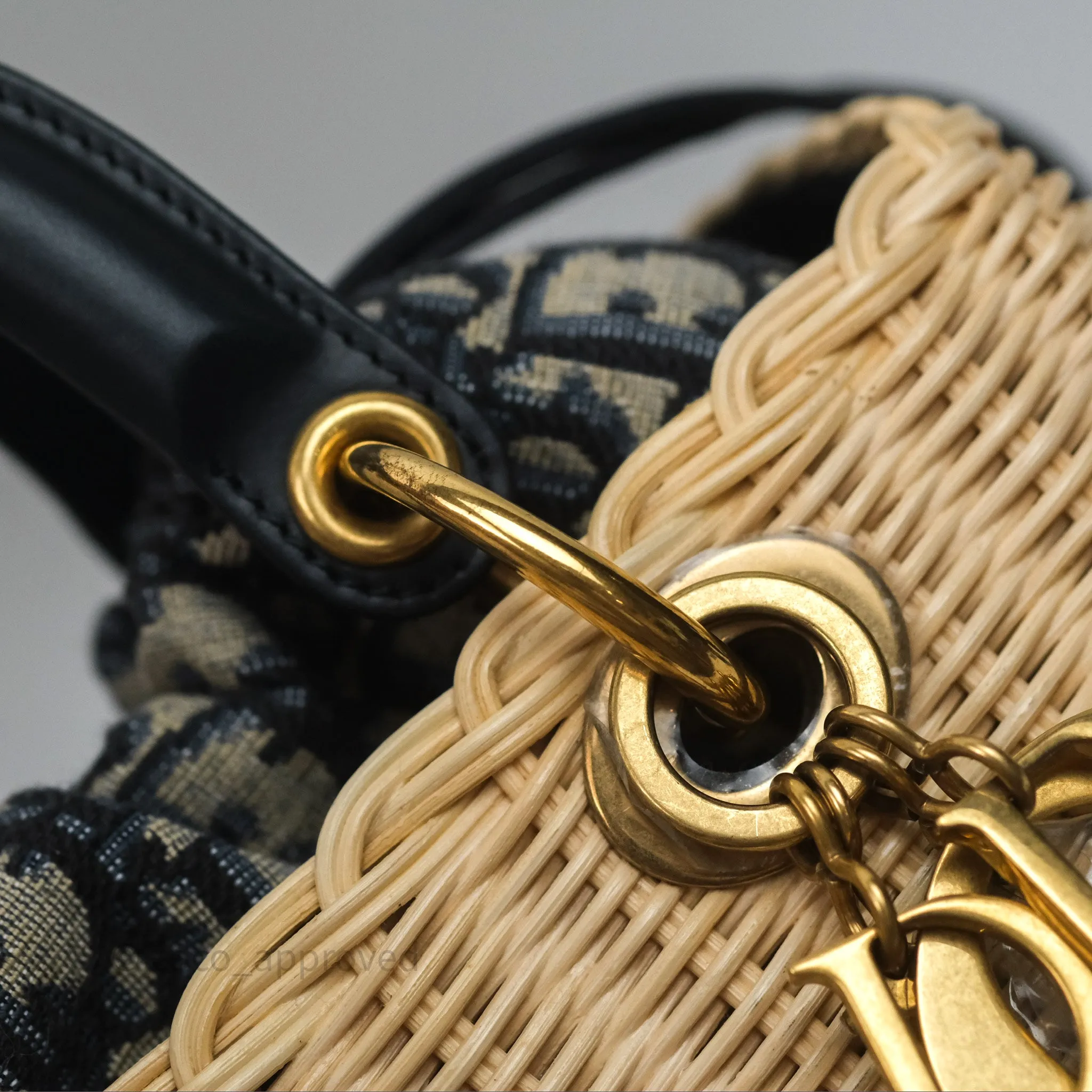 Christian Dior Medium Lady Dior Natural Rattan and Blue Dior Oblique Jacquard