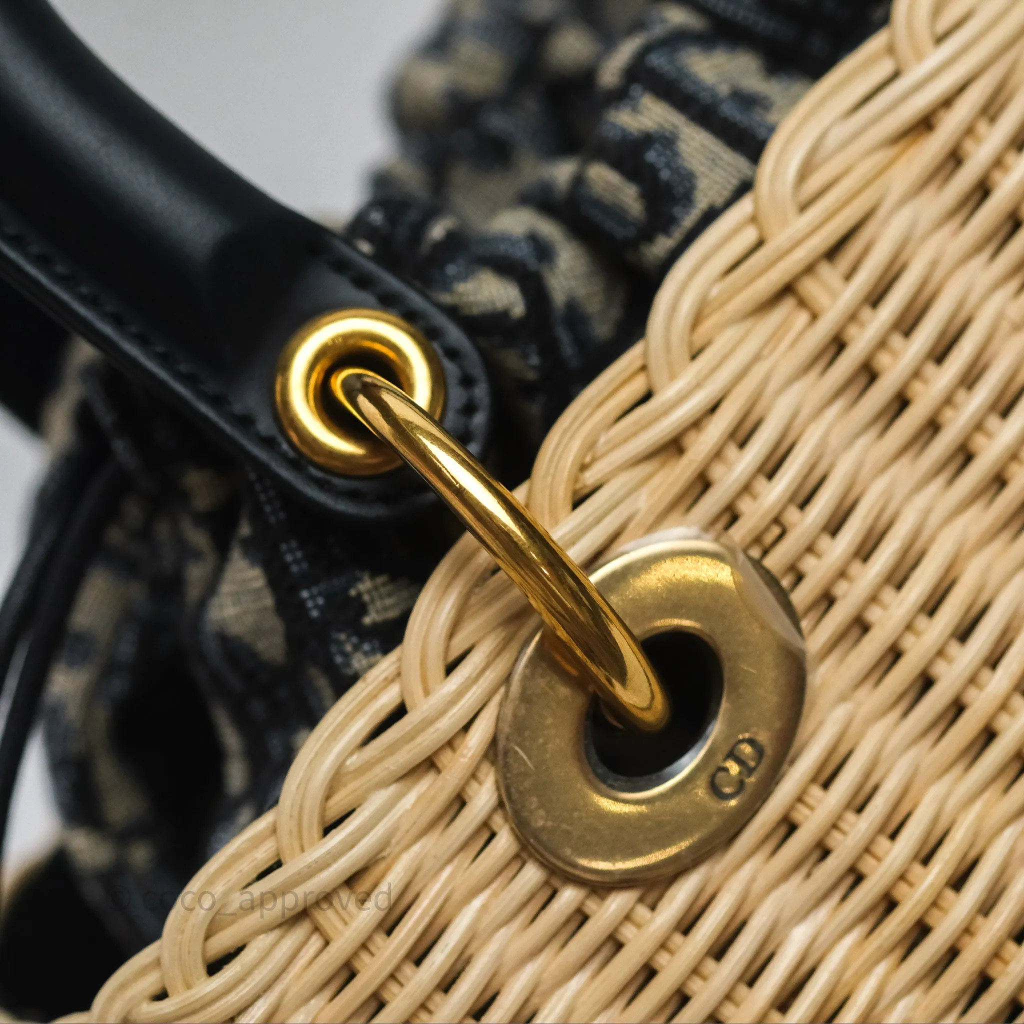 Christian Dior Medium Lady Dior Natural Rattan and Blue Dior Oblique Jacquard