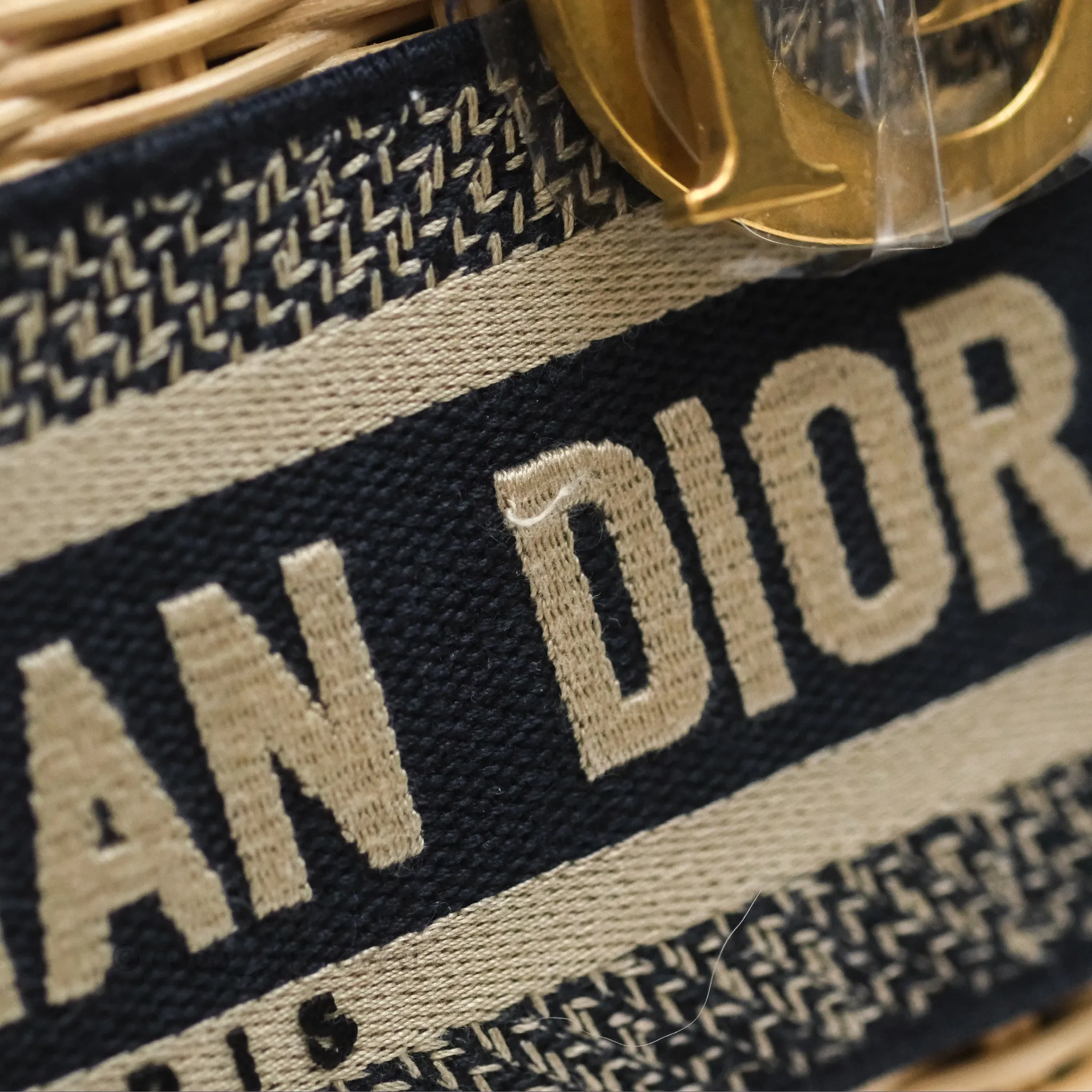 Christian Dior Medium Lady Dior Natural Rattan and Blue Dior Oblique Jacquard