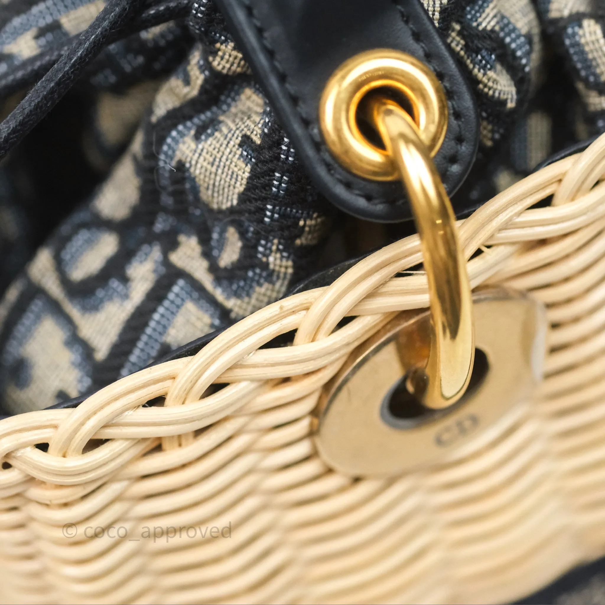 Christian Dior Medium Lady Dior Natural Rattan and Blue Dior Oblique Jacquard