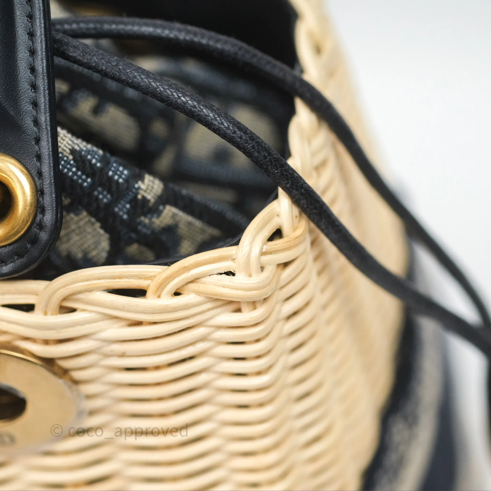 Christian Dior Medium Lady Dior Natural Rattan and Blue Dior Oblique Jacquard