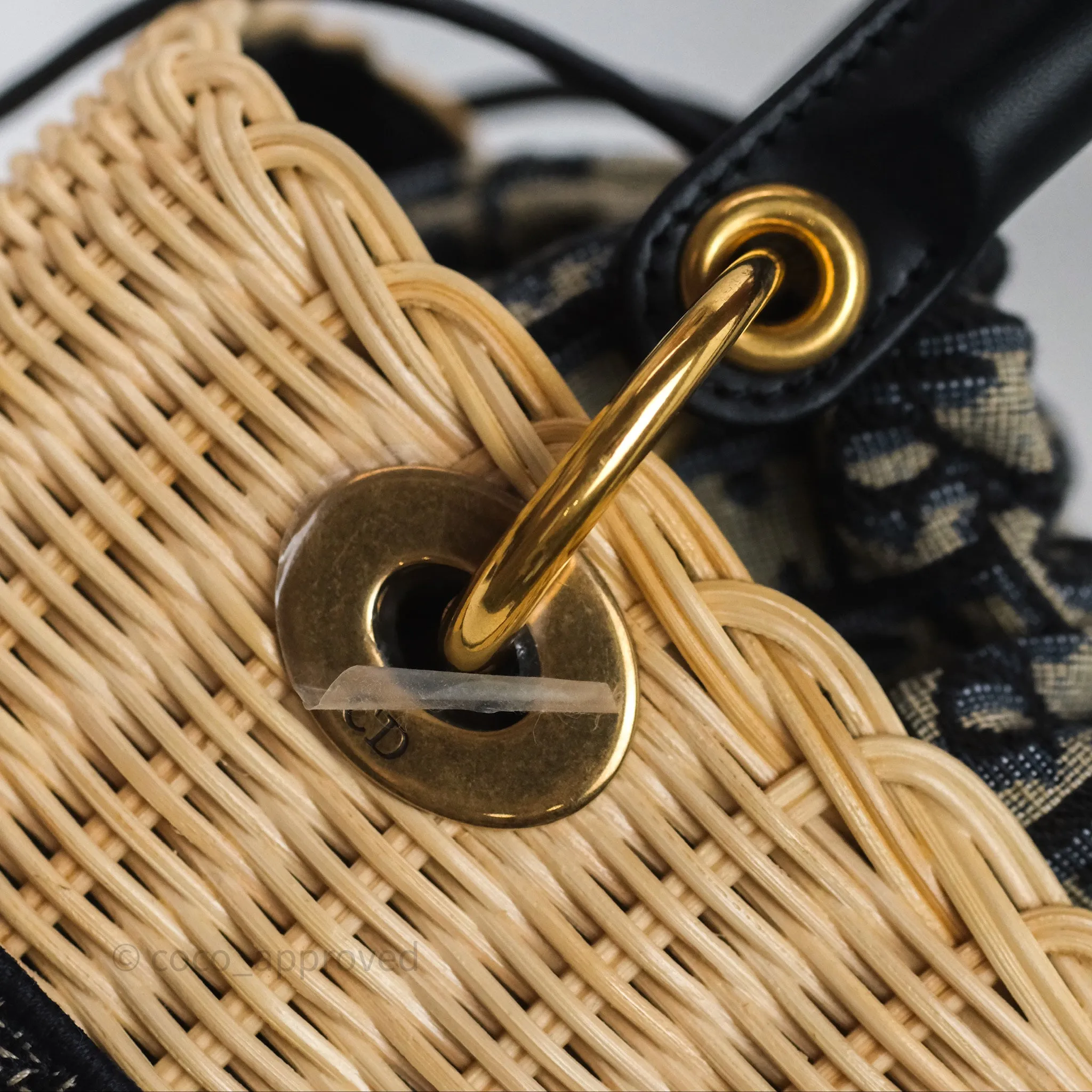 Christian Dior Medium Lady Dior Natural Rattan and Blue Dior Oblique Jacquard