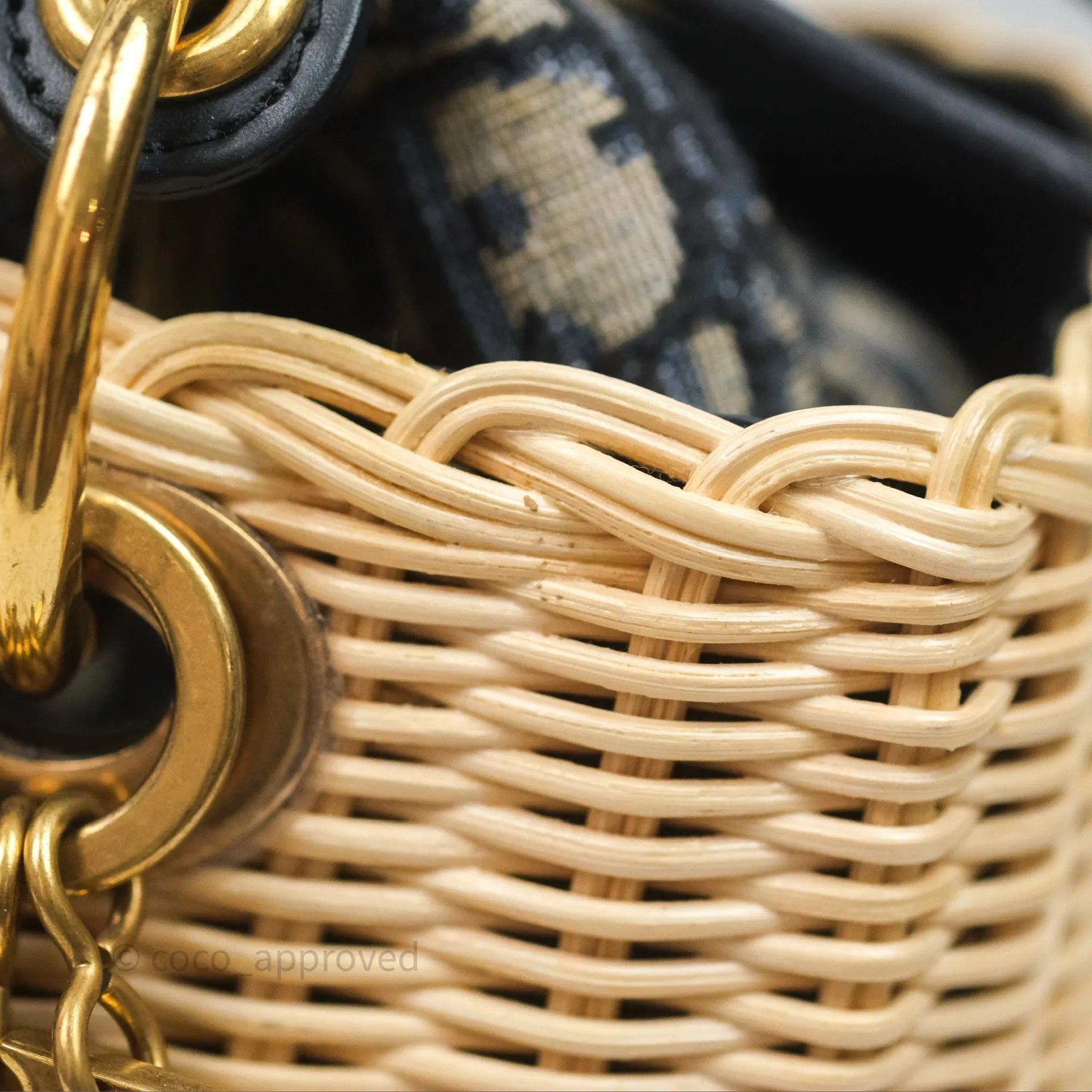 Christian Dior Medium Lady Dior Natural Rattan and Blue Dior Oblique Jacquard