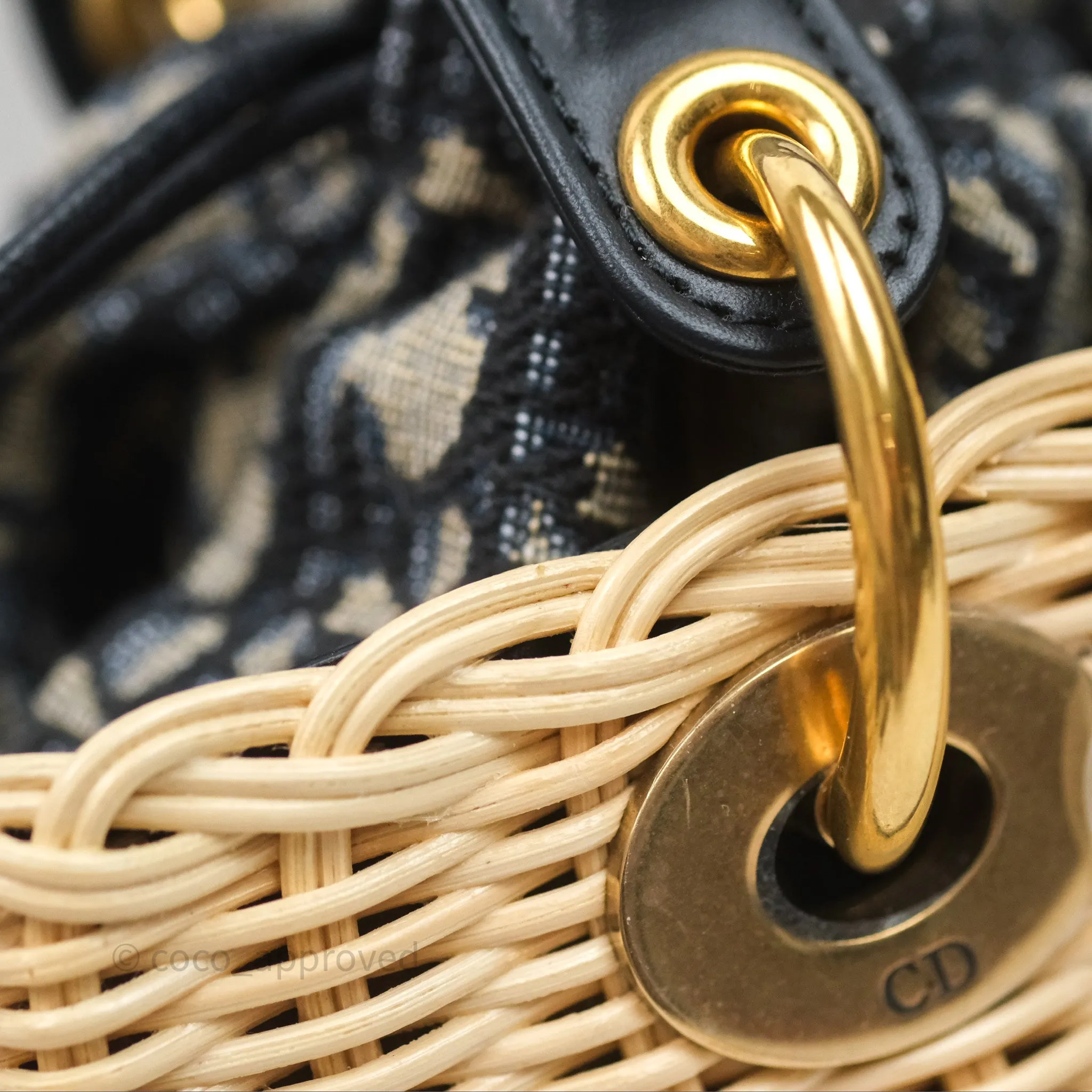 Christian Dior Medium Lady Dior Natural Rattan and Blue Dior Oblique Jacquard