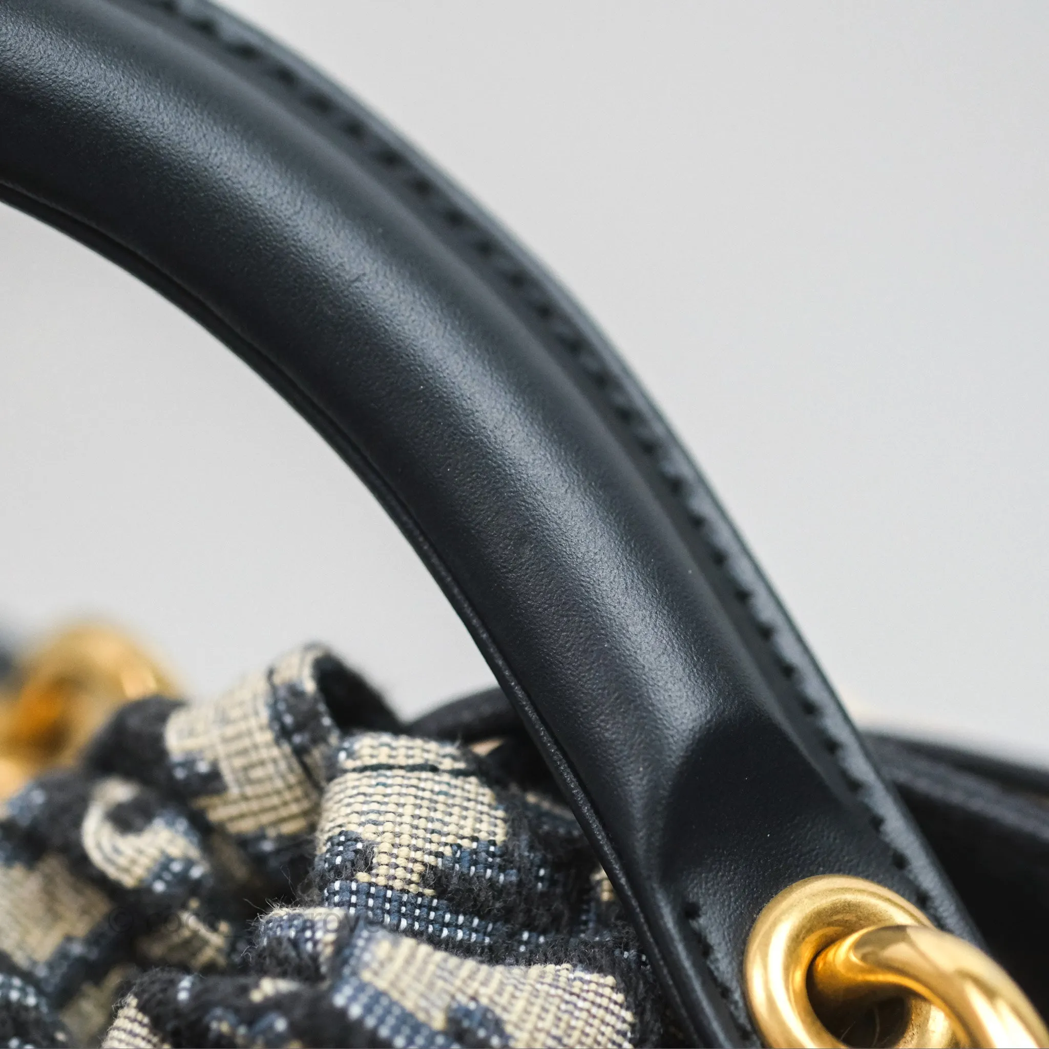 Christian Dior Medium Lady Dior Natural Rattan and Blue Dior Oblique Jacquard
