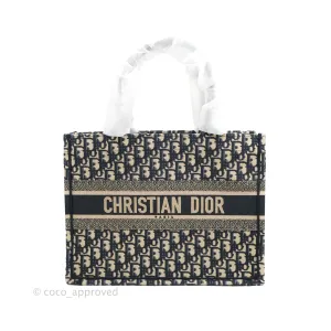 Christian Dior Medium (Old Small) Dior Navy Oblique Embroidery Canvas Book Tote