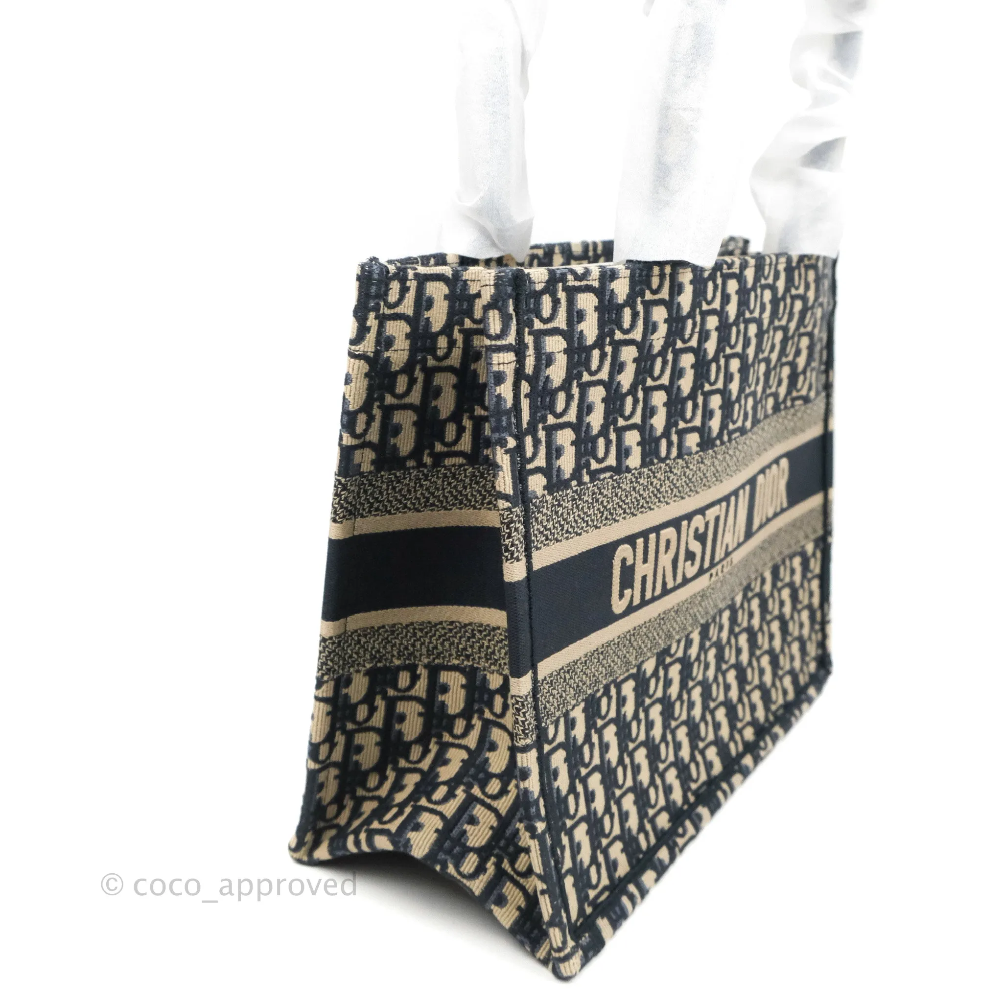 Christian Dior Medium (Old Small) Dior Navy Oblique Embroidery Canvas Book Tote