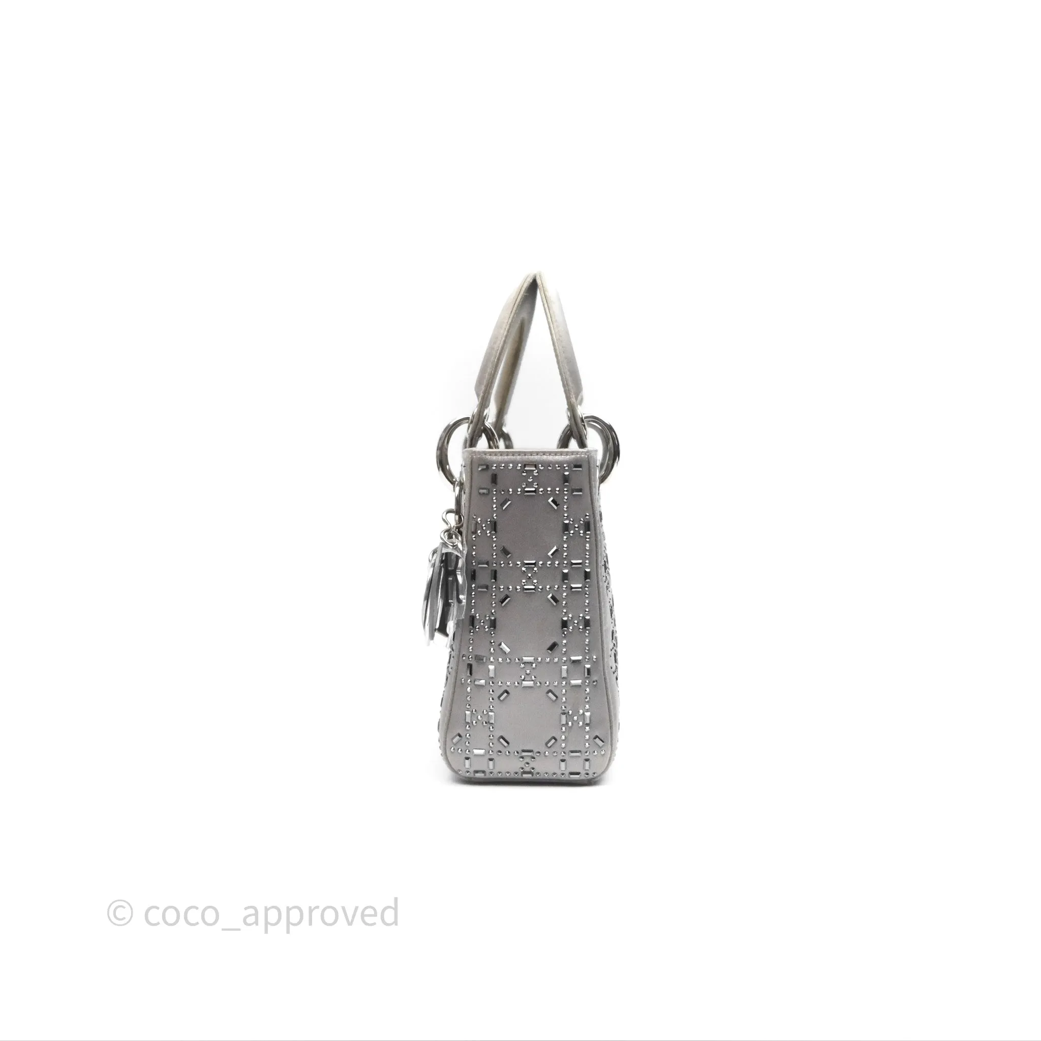 Christian Dior Mini Lady Dior Bag Grey Strass Cannage Satin Silver Hardware