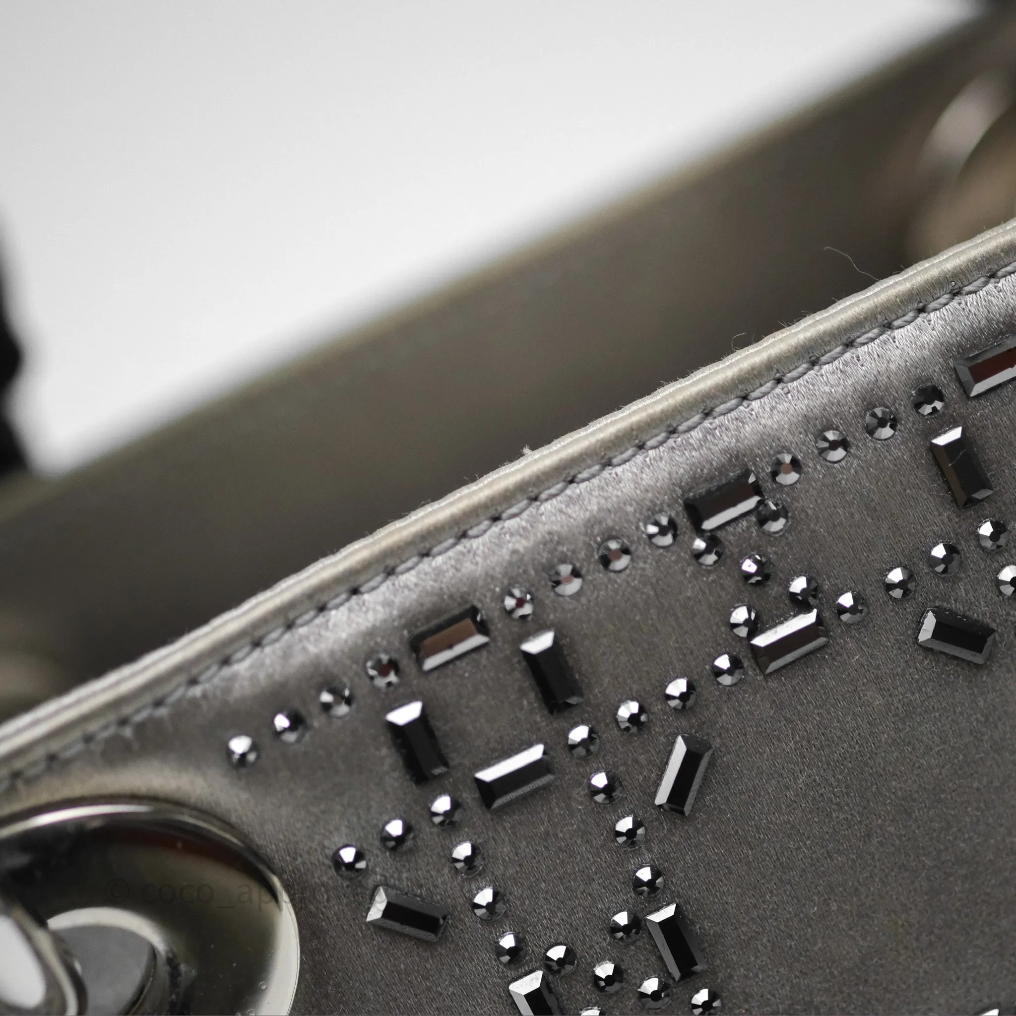 Christian Dior Mini Lady Dior Bag Grey Strass Cannage Satin Silver Hardware