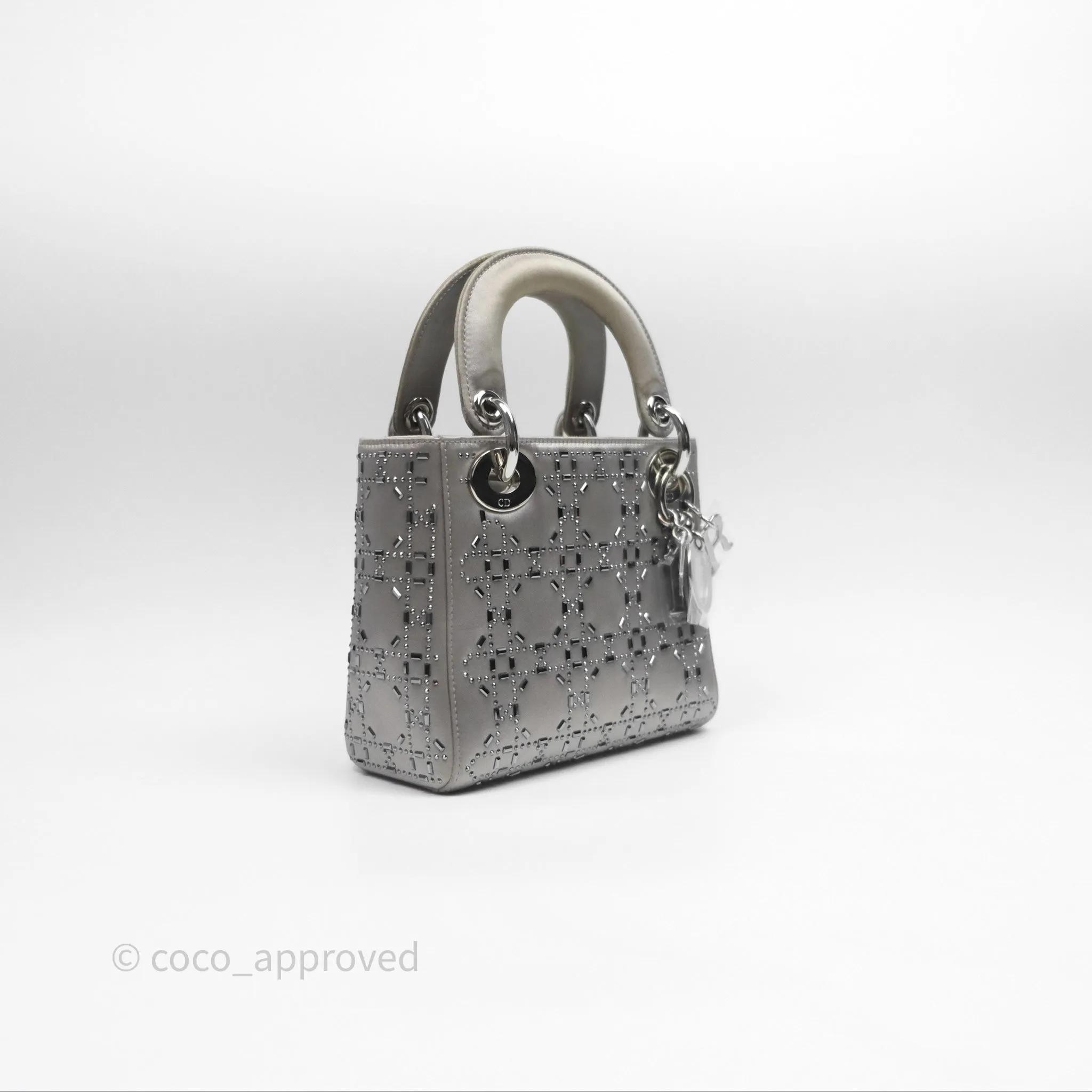 Christian Dior Mini Lady Dior Bag Grey Strass Cannage Satin Silver Hardware