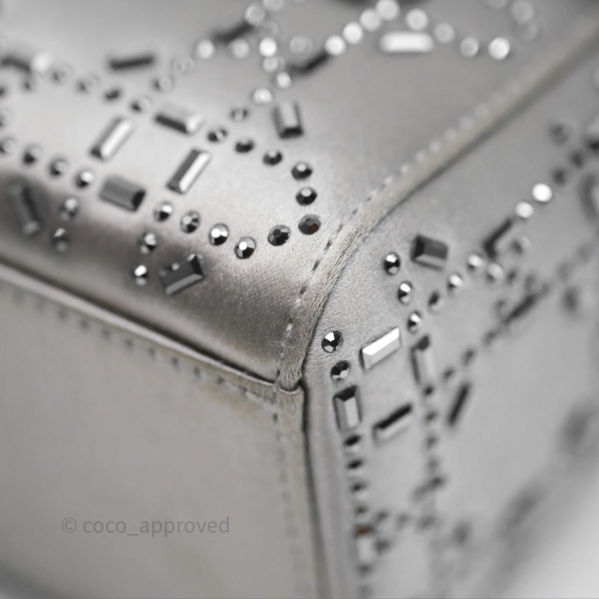 Christian Dior Mini Lady Dior Bag Grey Strass Cannage Satin Silver Hardware