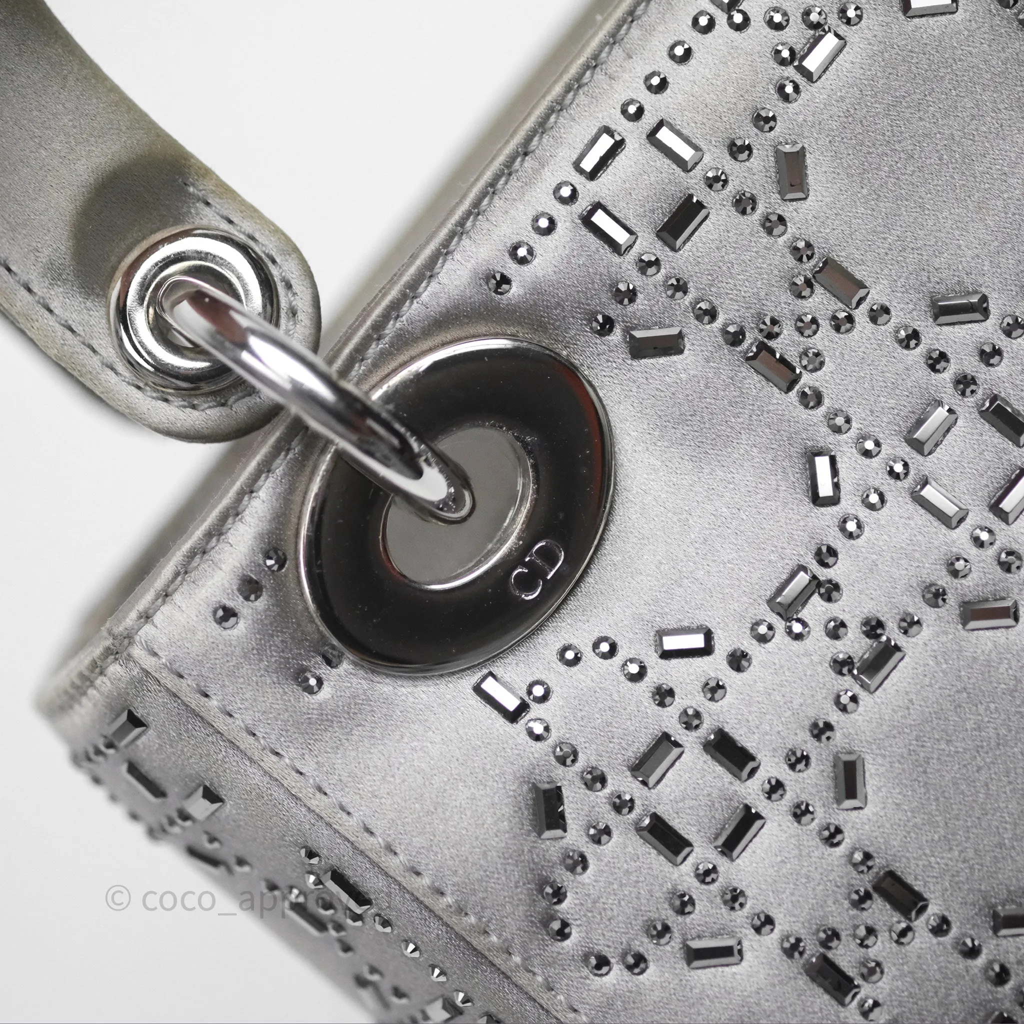 Christian Dior Mini Lady Dior Bag Grey Strass Cannage Satin Silver Hardware