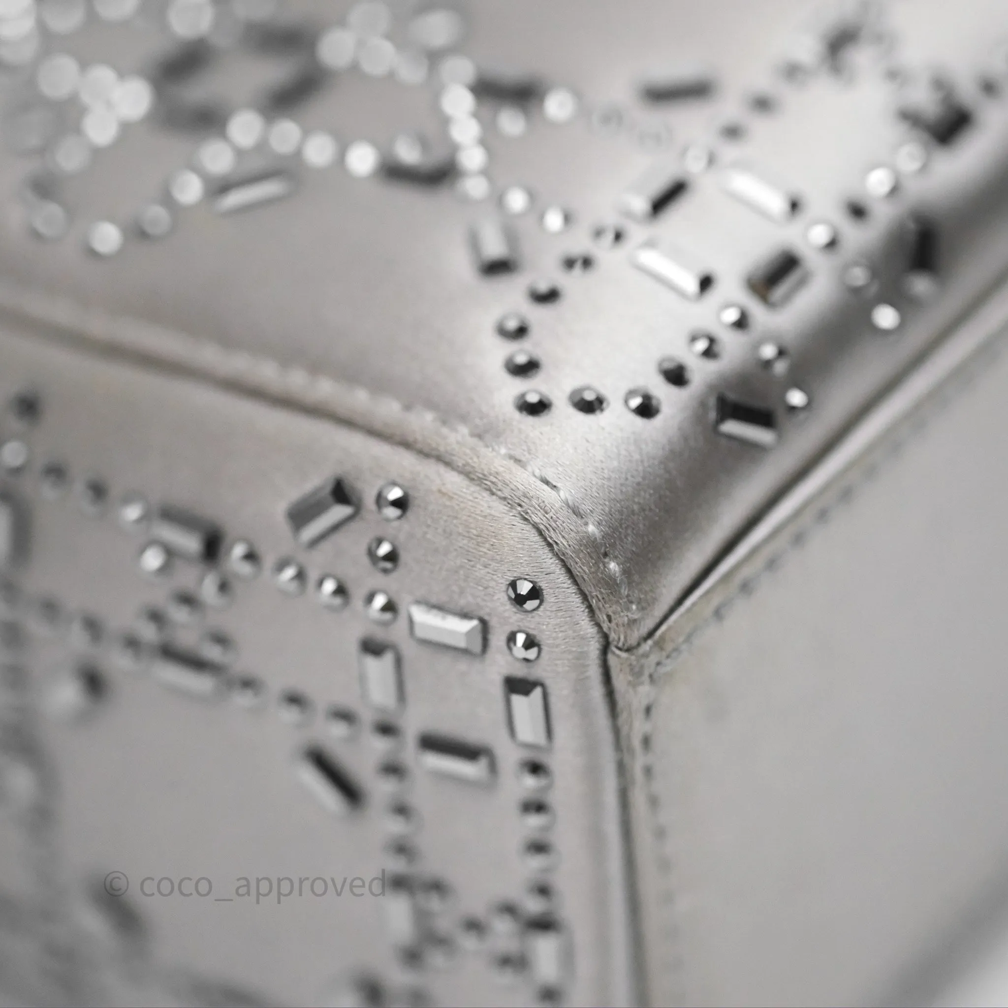 Christian Dior Mini Lady Dior Bag Grey Strass Cannage Satin Silver Hardware