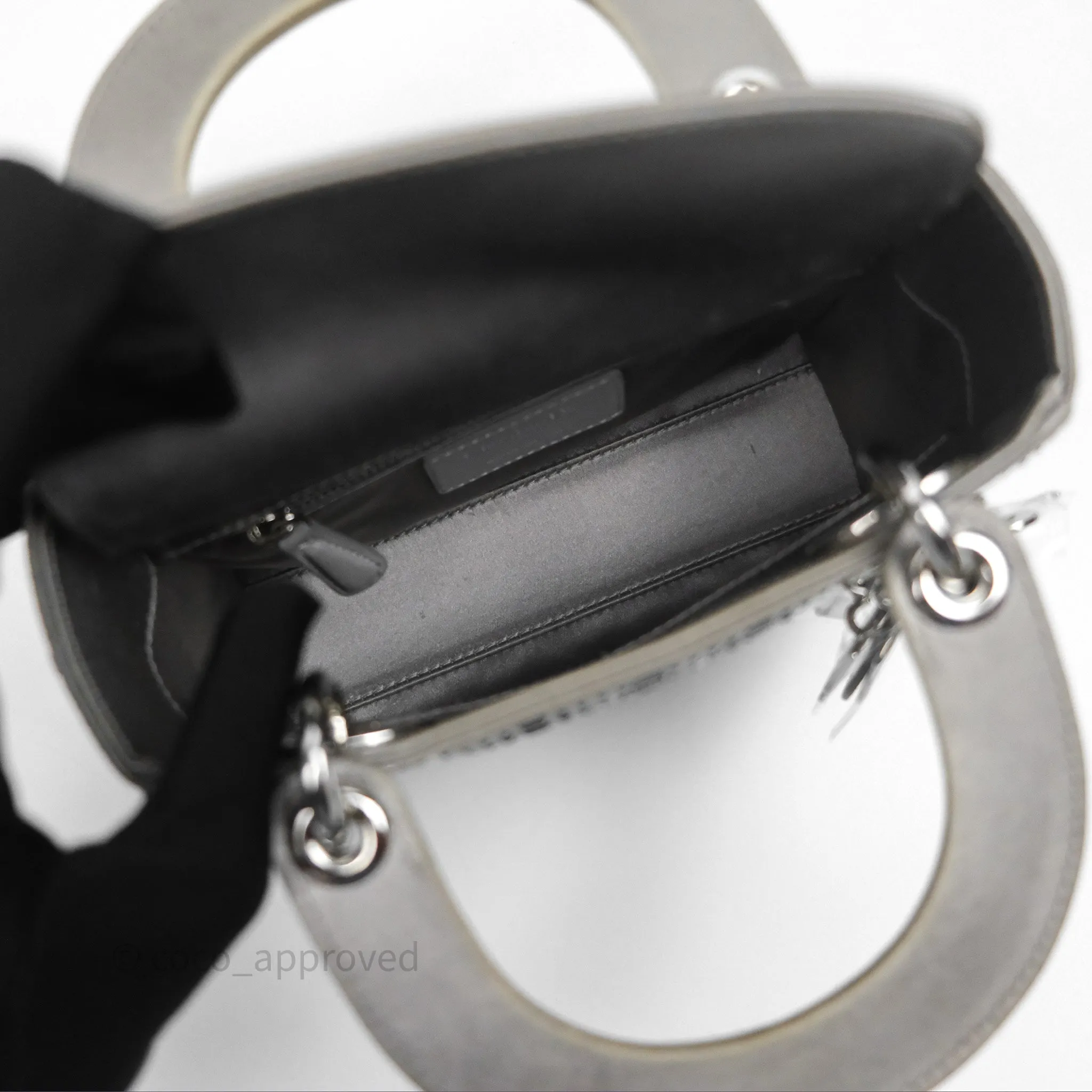 Christian Dior Mini Lady Dior Bag Grey Strass Cannage Satin Silver Hardware