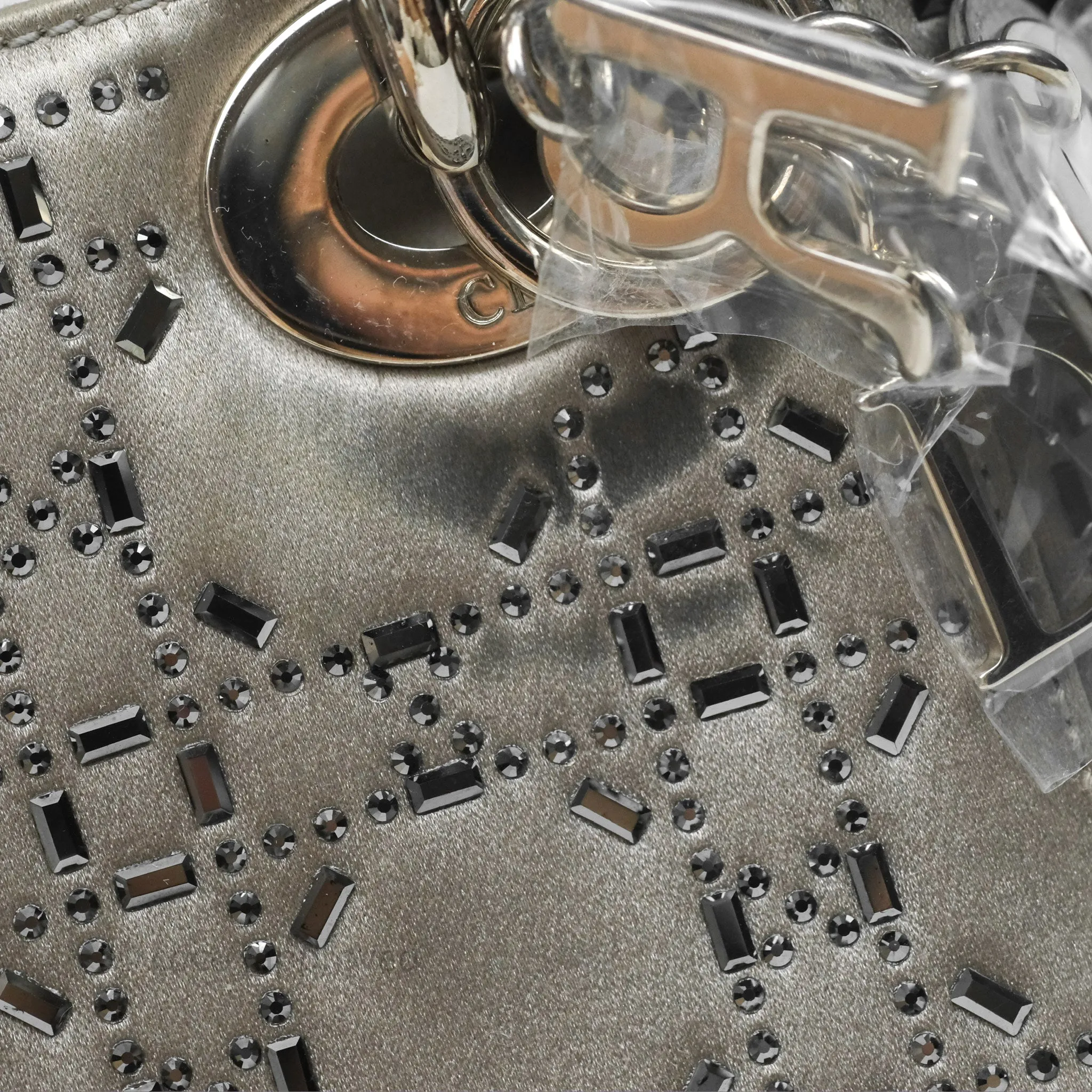 Christian Dior Mini Lady Dior Bag Grey Strass Cannage Satin Silver Hardware