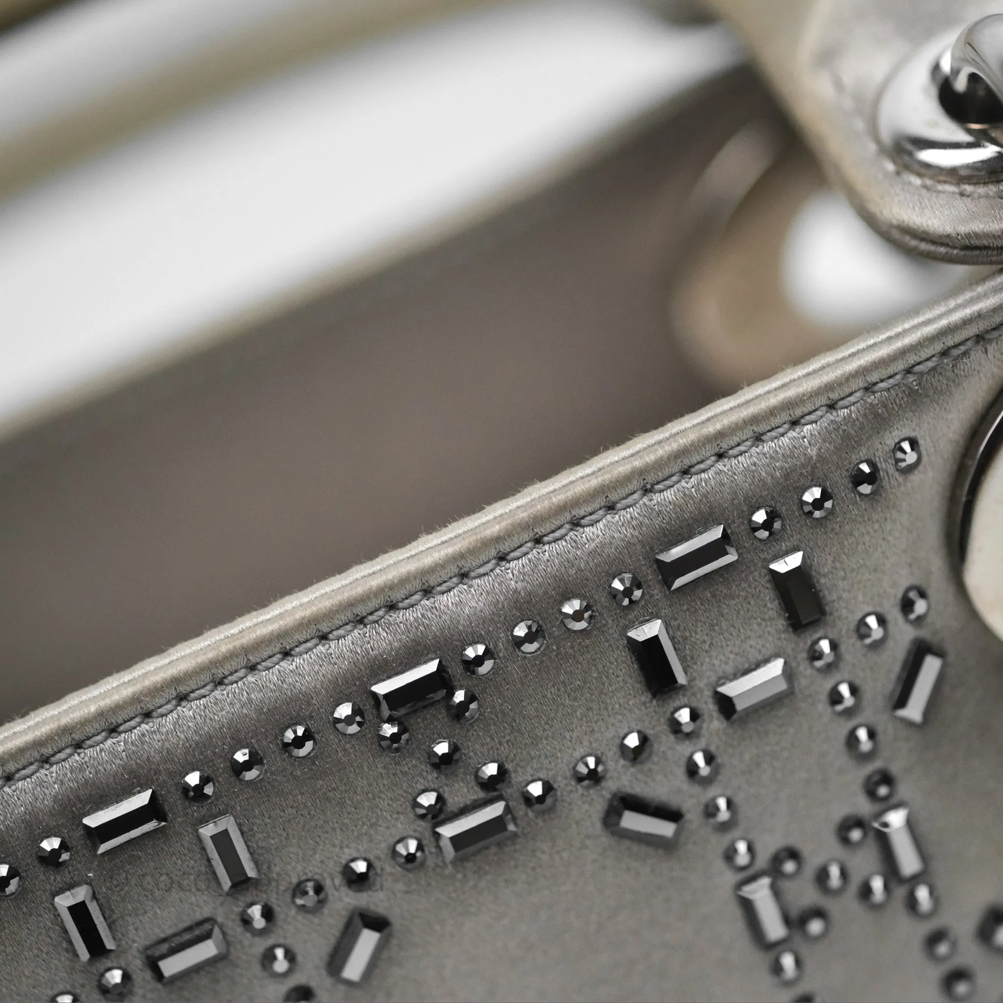 Christian Dior Mini Lady Dior Bag Grey Strass Cannage Satin Silver Hardware