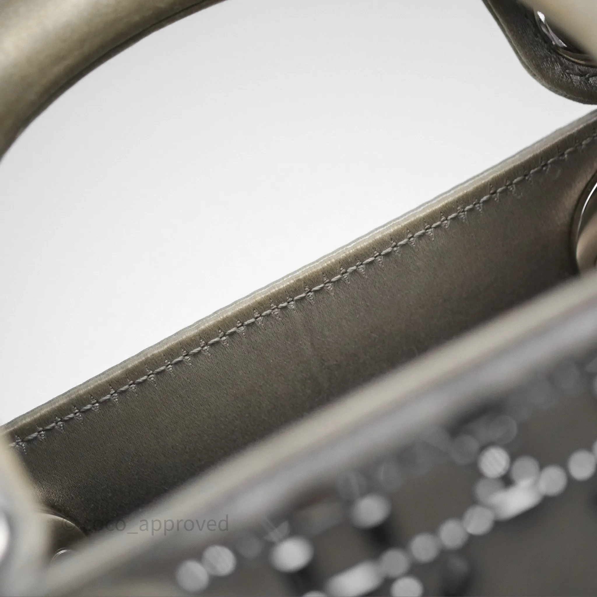 Christian Dior Mini Lady Dior Bag Grey Strass Cannage Satin Silver Hardware