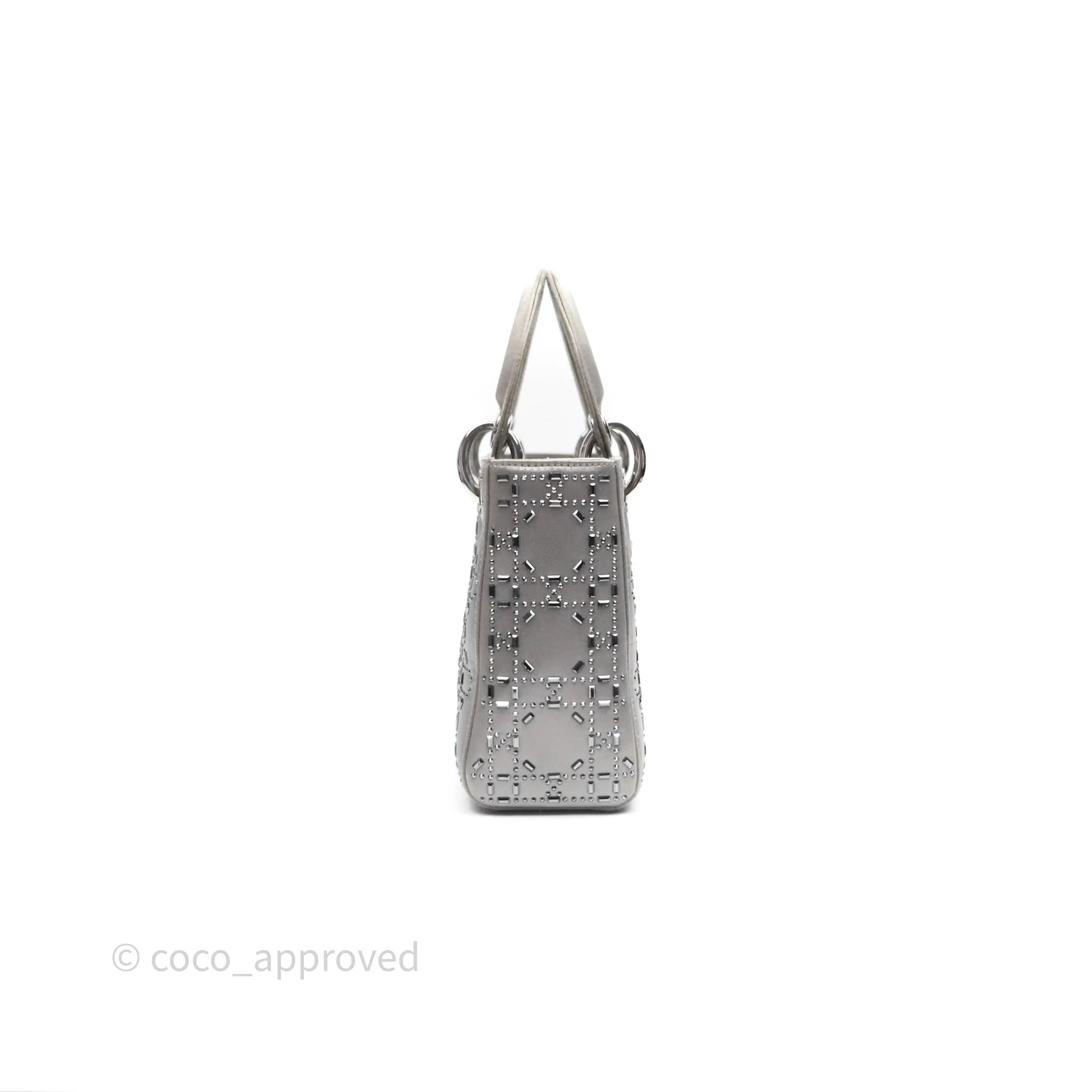 Christian Dior Mini Lady Dior Bag Grey Strass Cannage Satin Silver Hardware