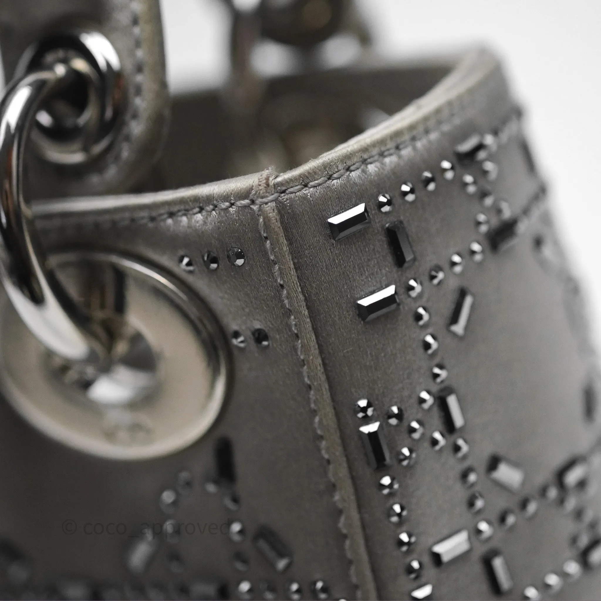 Christian Dior Mini Lady Dior Bag Grey Strass Cannage Satin Silver Hardware